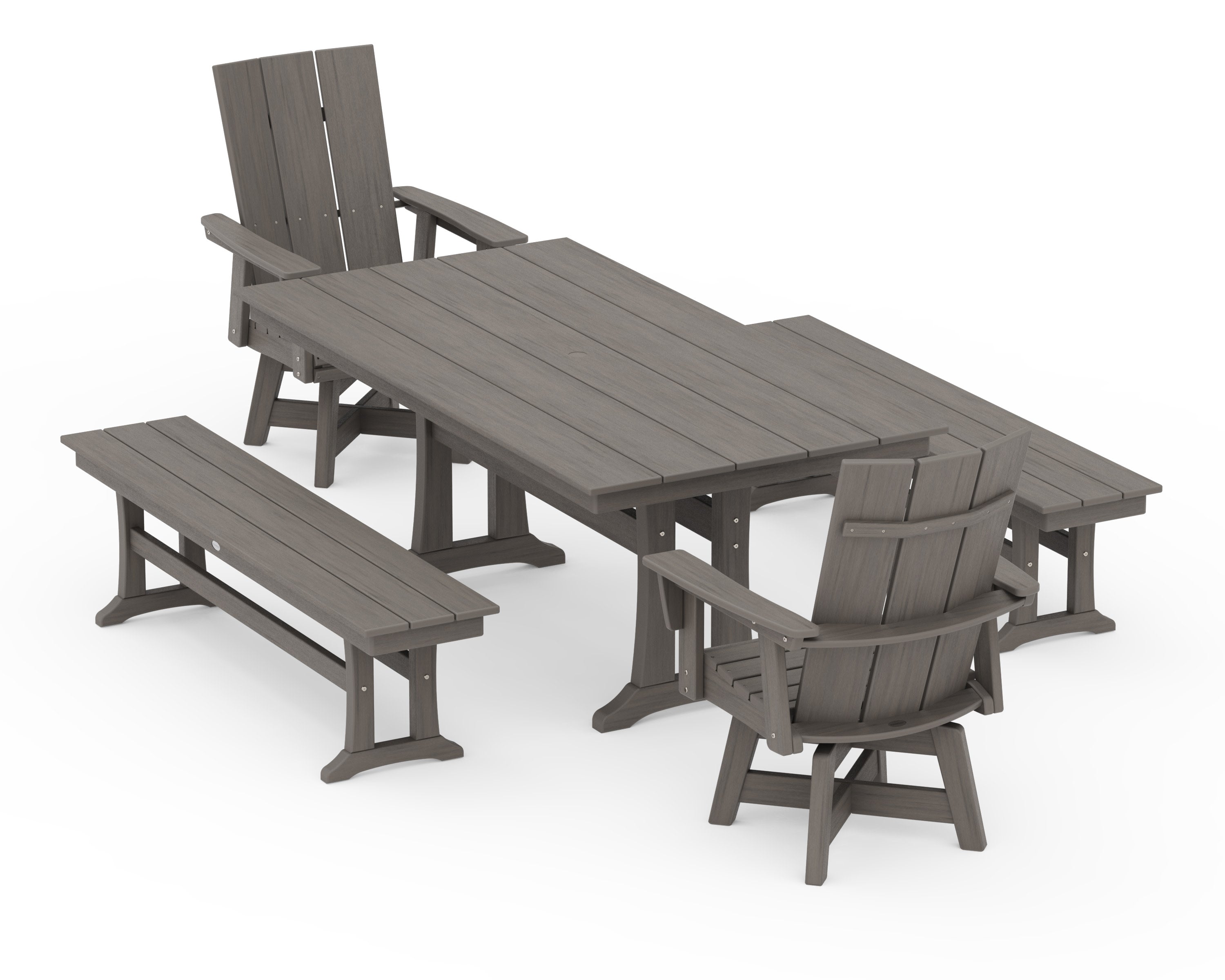 Modern Curveback Adirondack Swivel Chair 5-Piece Farmhouse Dining Set With Trestle Legs and Benches in Driftwood