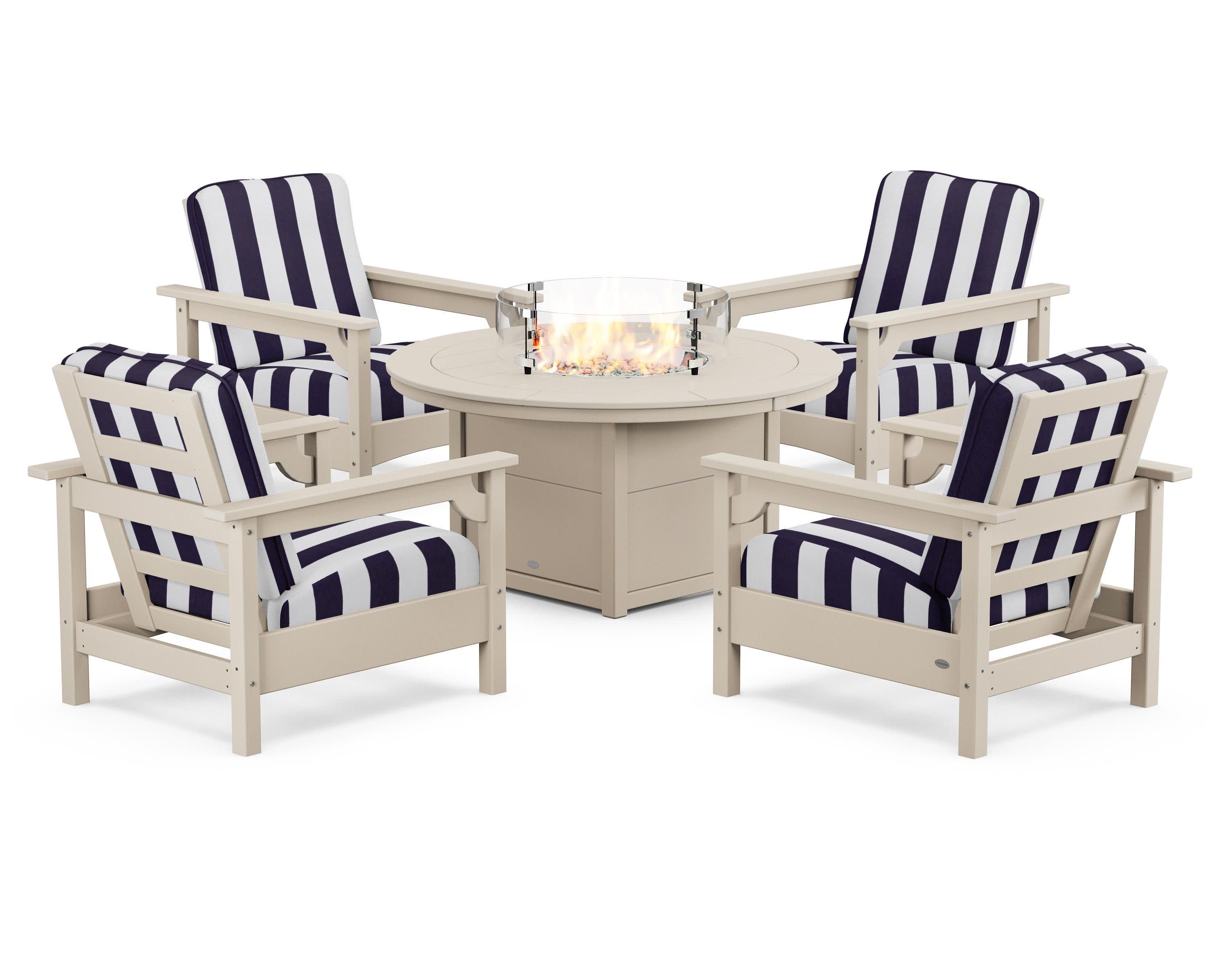 Club 5-Piece Conversation Set with Fire Pit Table in Sand / Cabana Stripe Navy