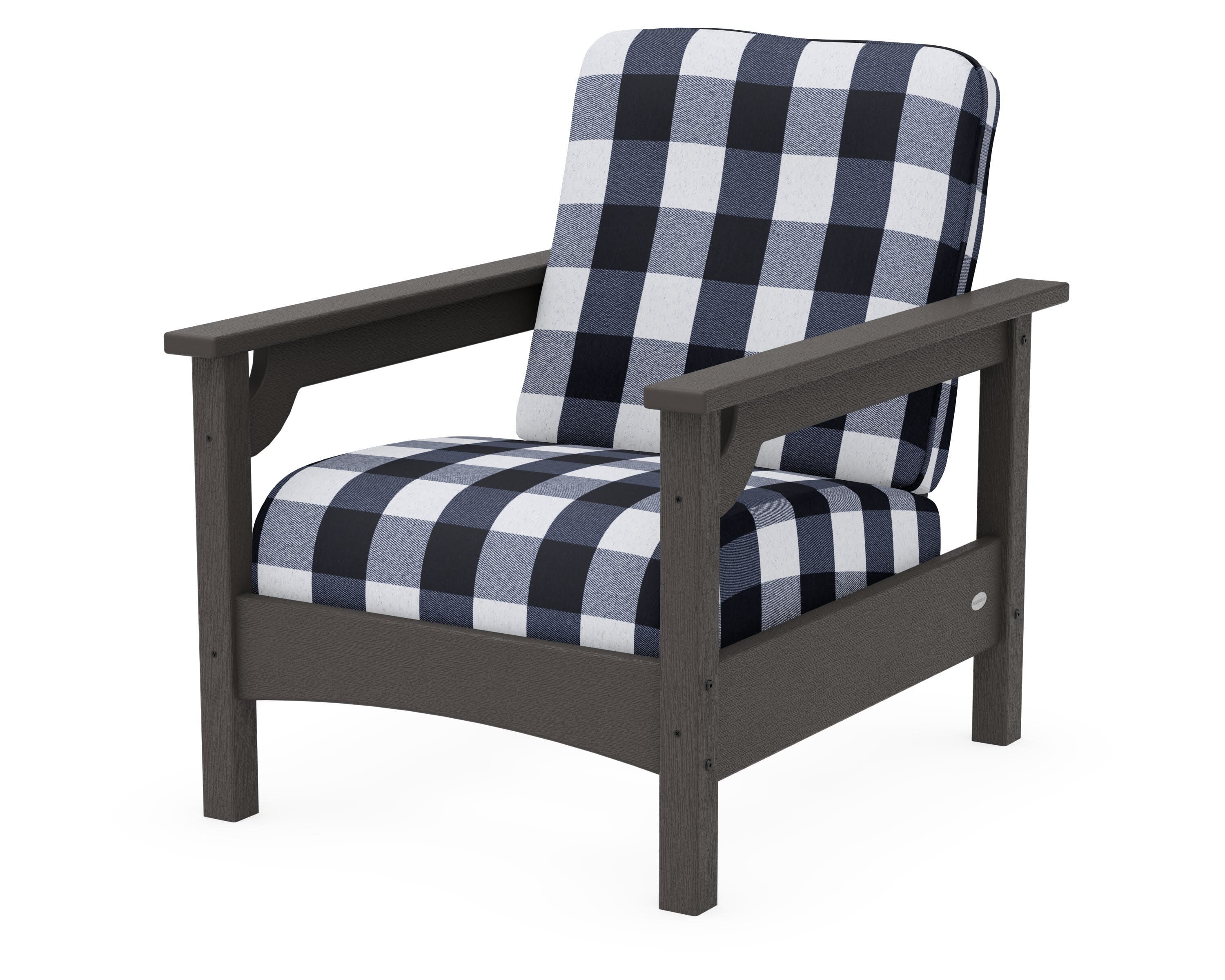Club Chair in Vintage Coffee / Buffalo Plaid Marine Indigo