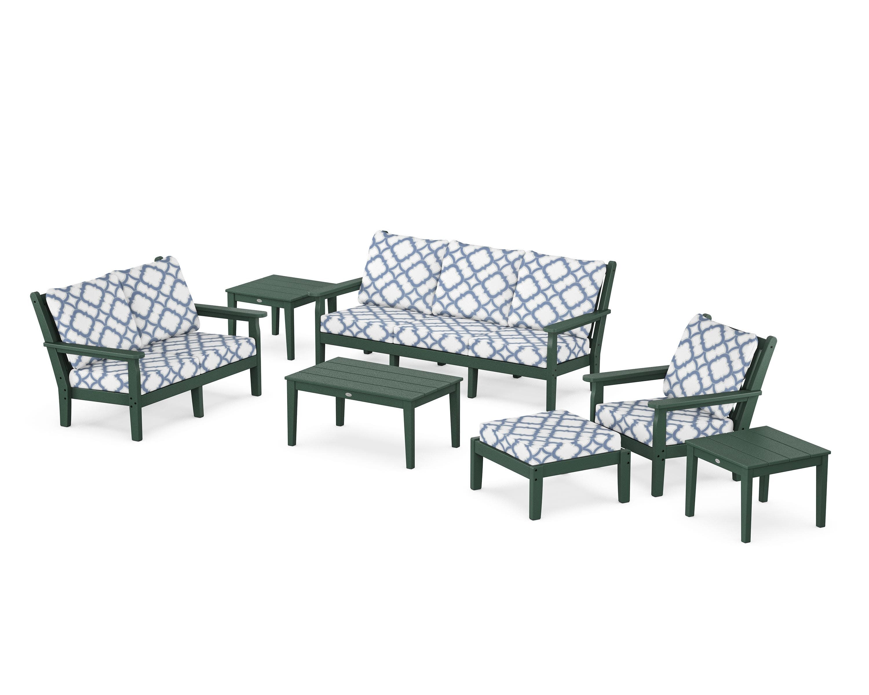 Chippendale 7-Piece Deep Seating Set in Green / Trellis Sky Blue