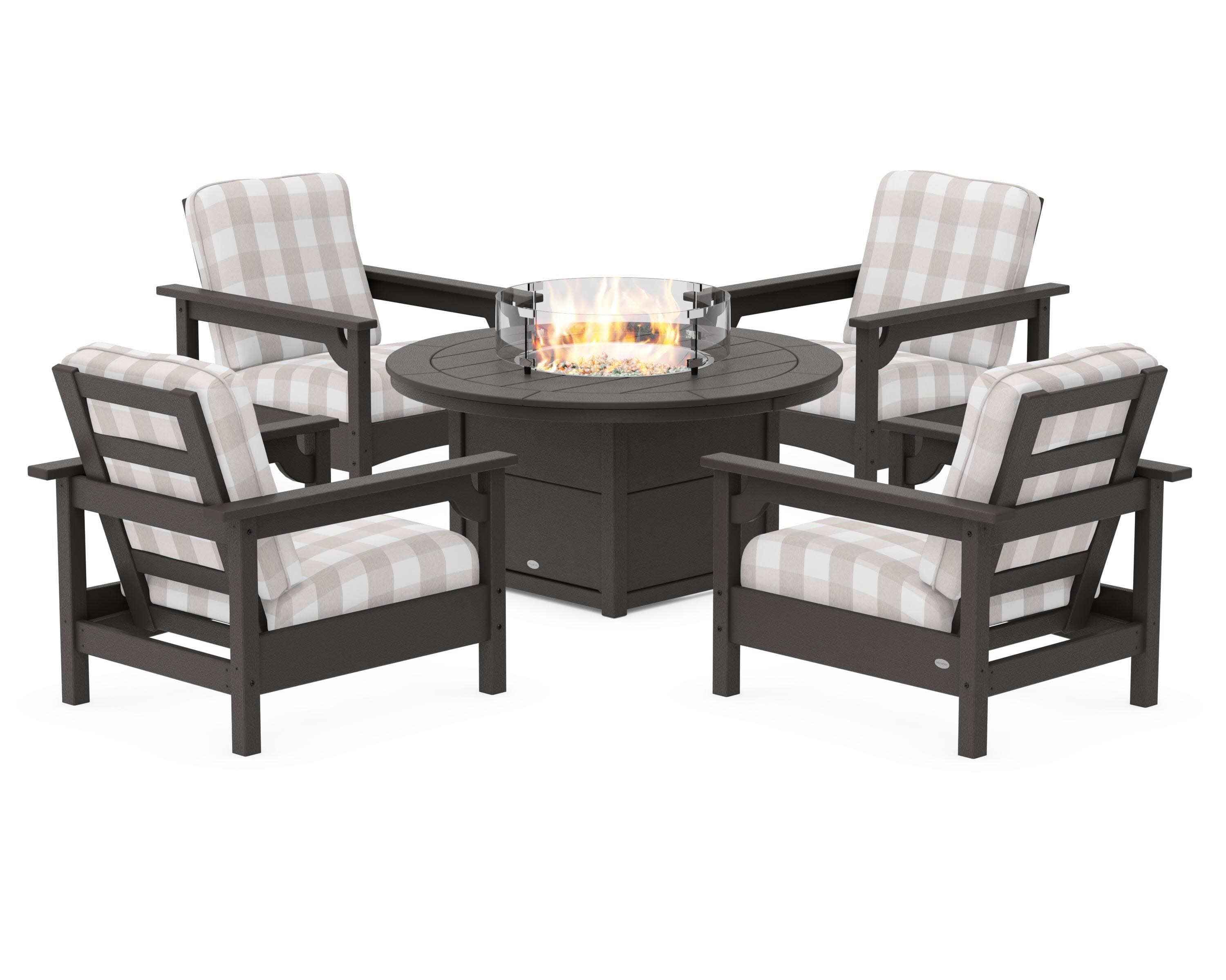 Club 5-Piece Conversation Set with Fire Pit Table in Vintage Coffee / Buffalo Plaid Dune Burlap