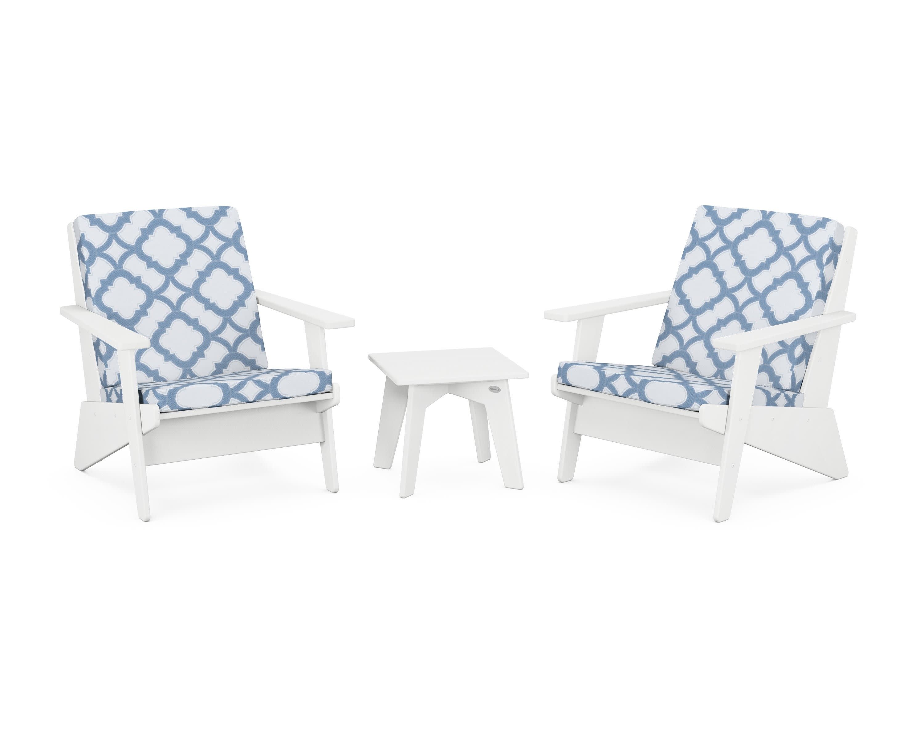Riviera Modern Lounge 3-Piece Set in White / Trellis Sky Blue