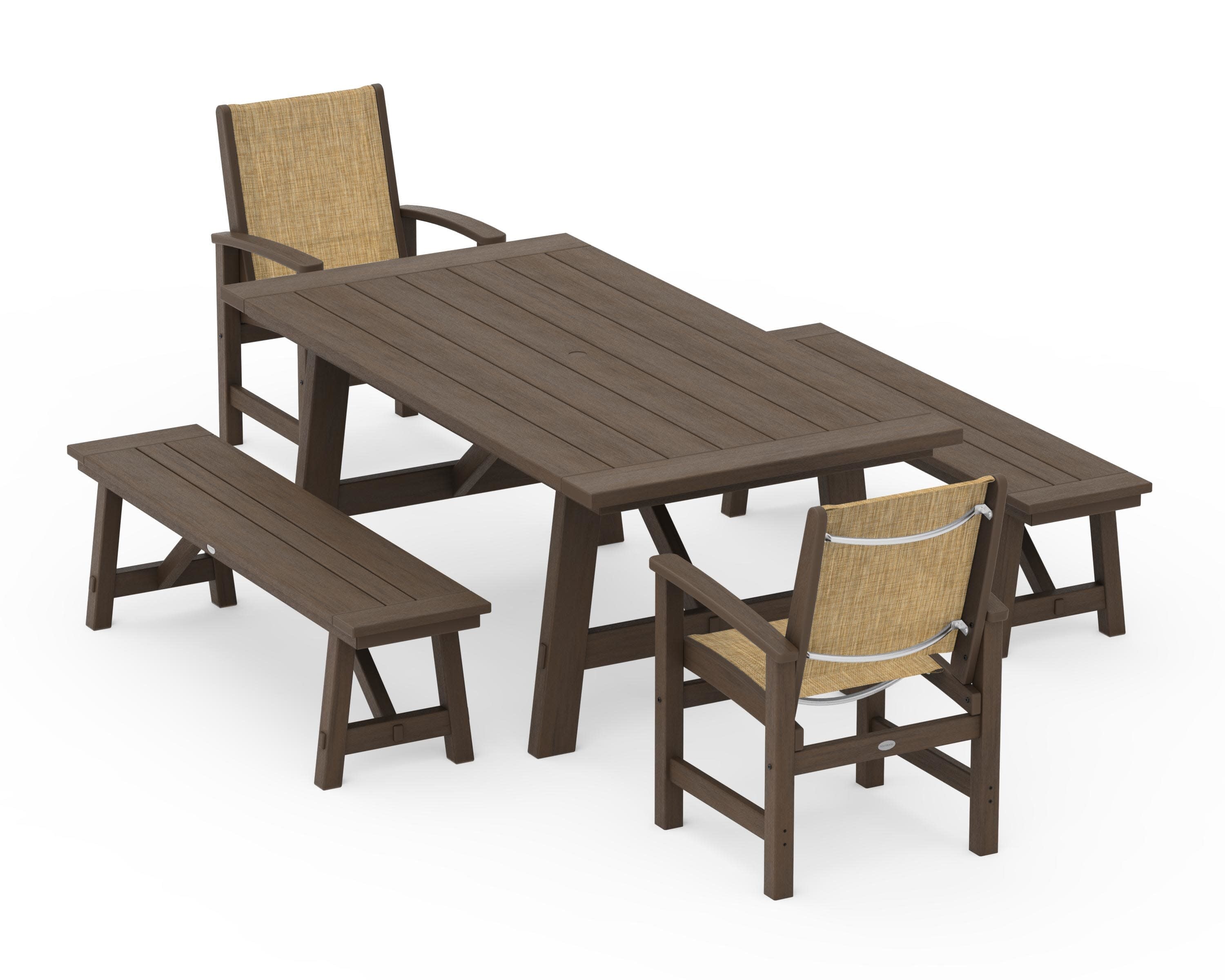 Coastal 5-Piece Rustic Farmhouse Dining Set With Benches in Kona / Burlap Sling