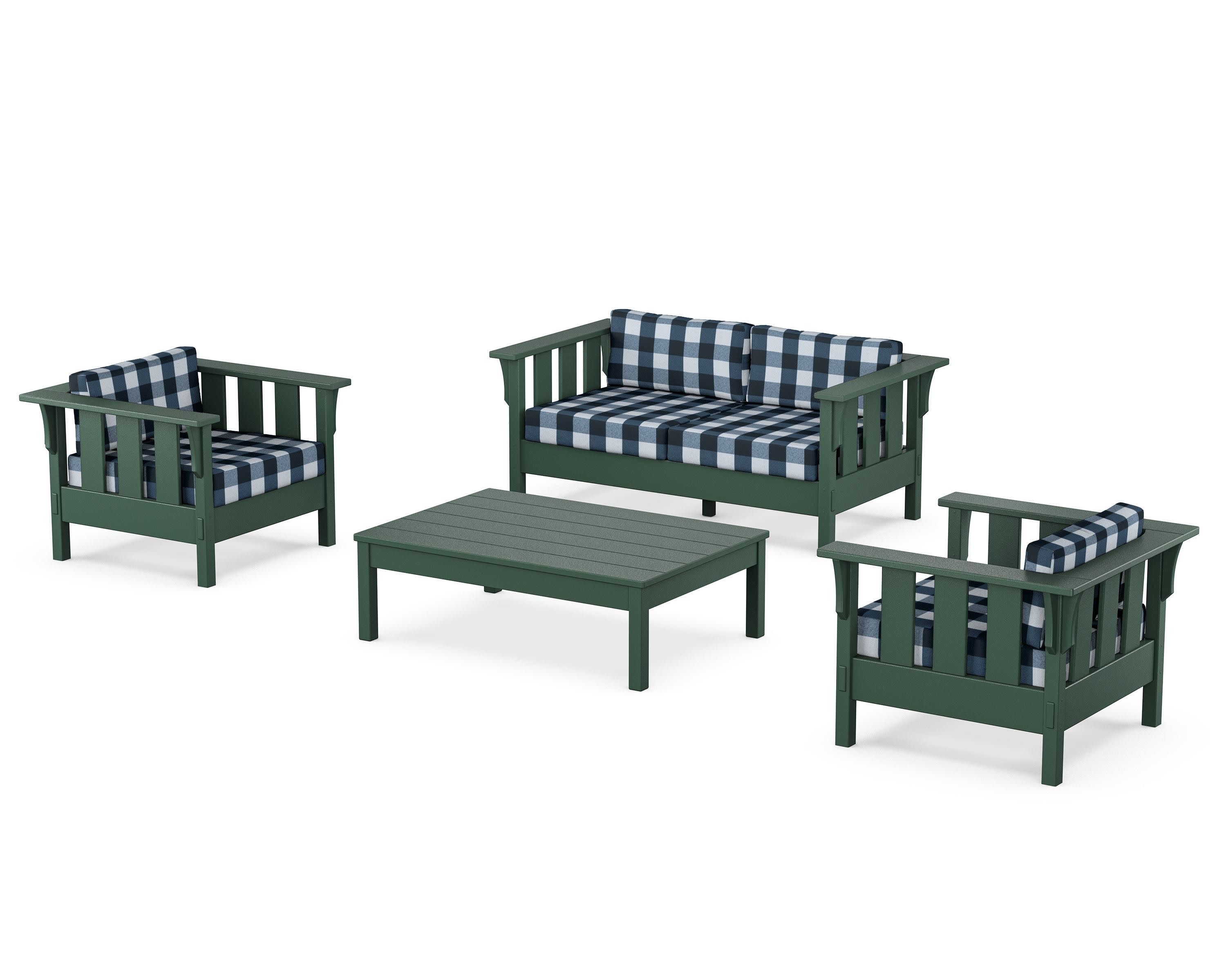 Acadia 4-Piece Deep Seating Set with Loveseat in Green / Buffalo Plaid Marine Indigo