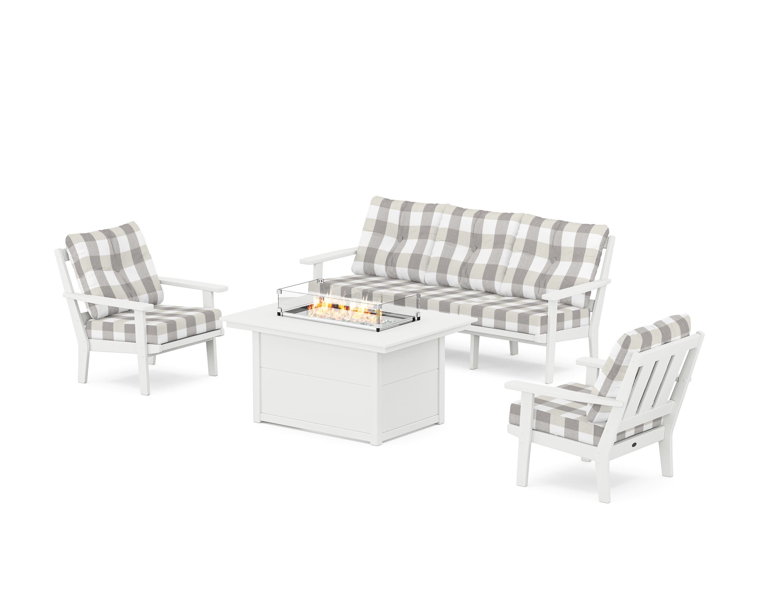 Oxford Deep Seating Fire Pit Table Set in White / Buffalo Plaid Grey Mist