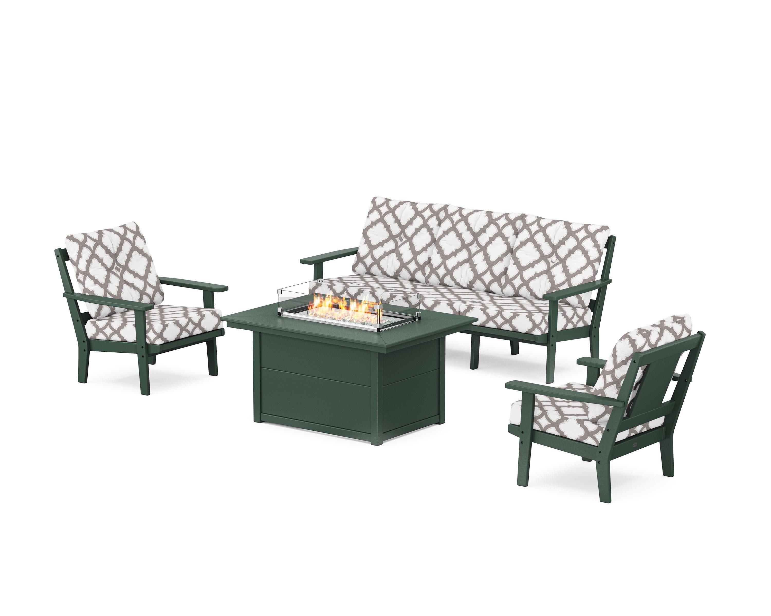 Prairie Deep Seating Fire Pit Table Set in Green / Trellis Grey Mist