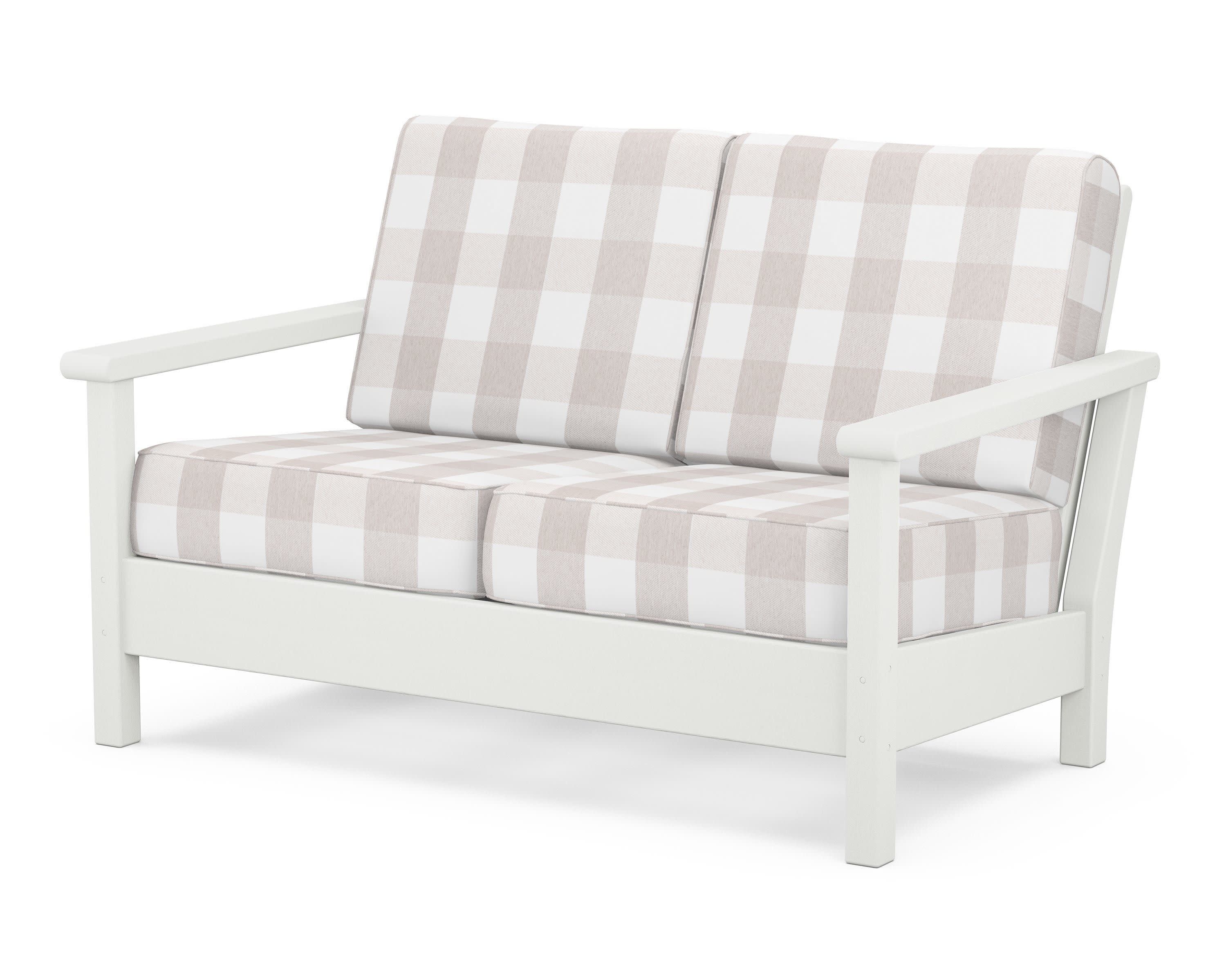 Harbour Deep Seating Loveseat in Vintage White / Buffalo Plaid Dune Burlap