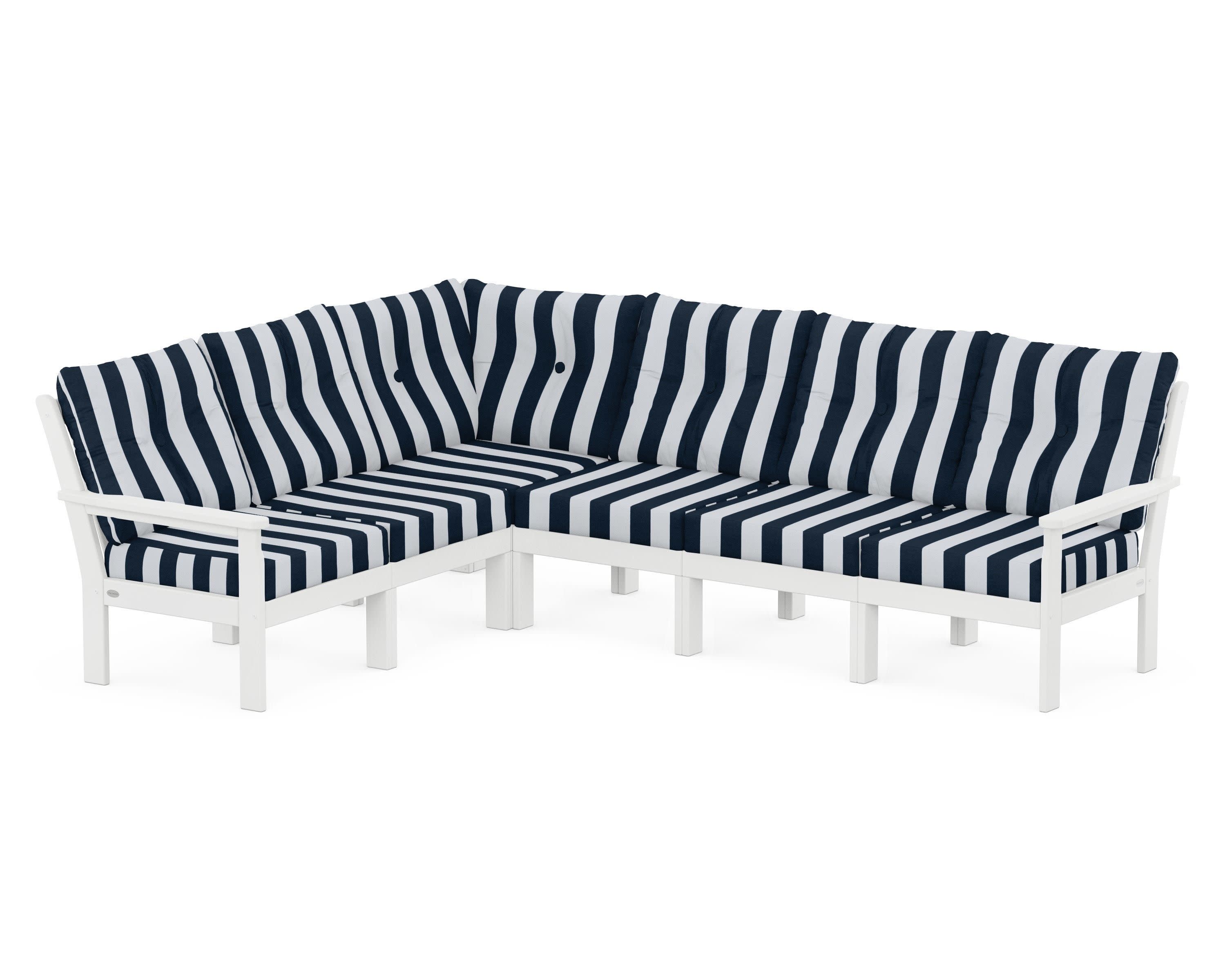 Vineyard 6-Piece Sectional in White / Cabana Stripe Marine Indigo