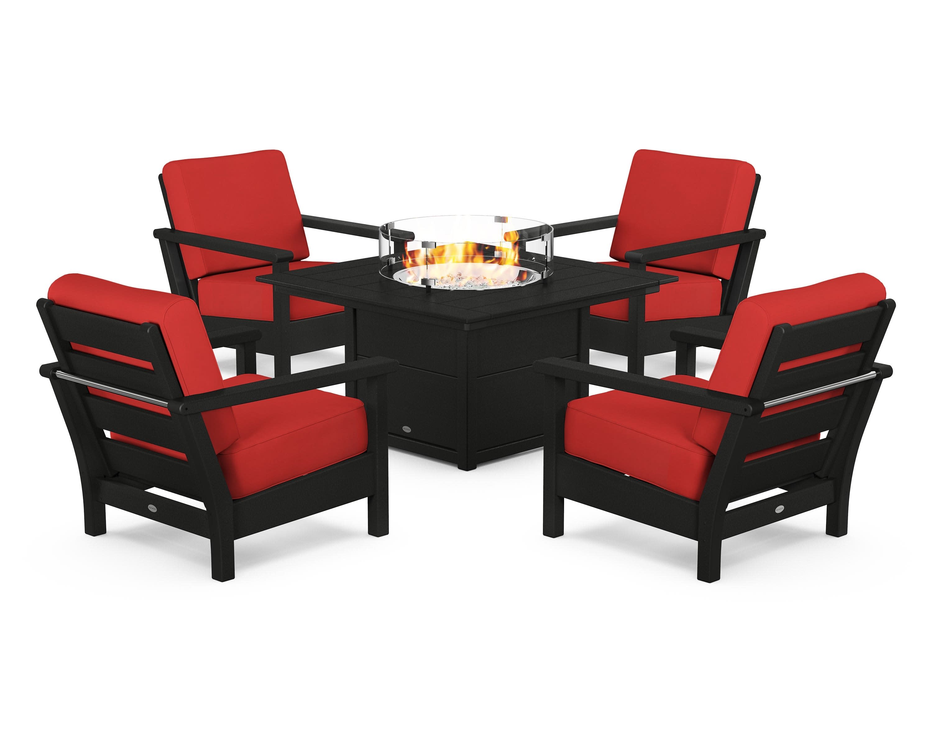 Harbour 5-Piece Conversation Set with Fire Pit Table in Black / Crimson Linen