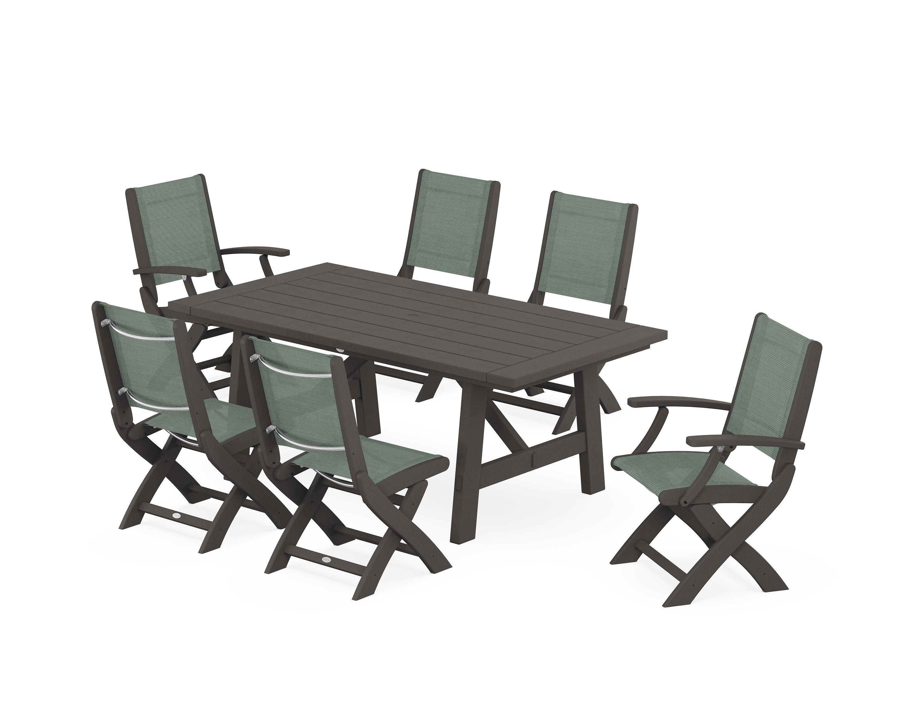 Coastal Folding Chair 7-Piece Rustic Farmhouse Dining Set in Vintage Coffee / Dupioni Sea Mist Sling