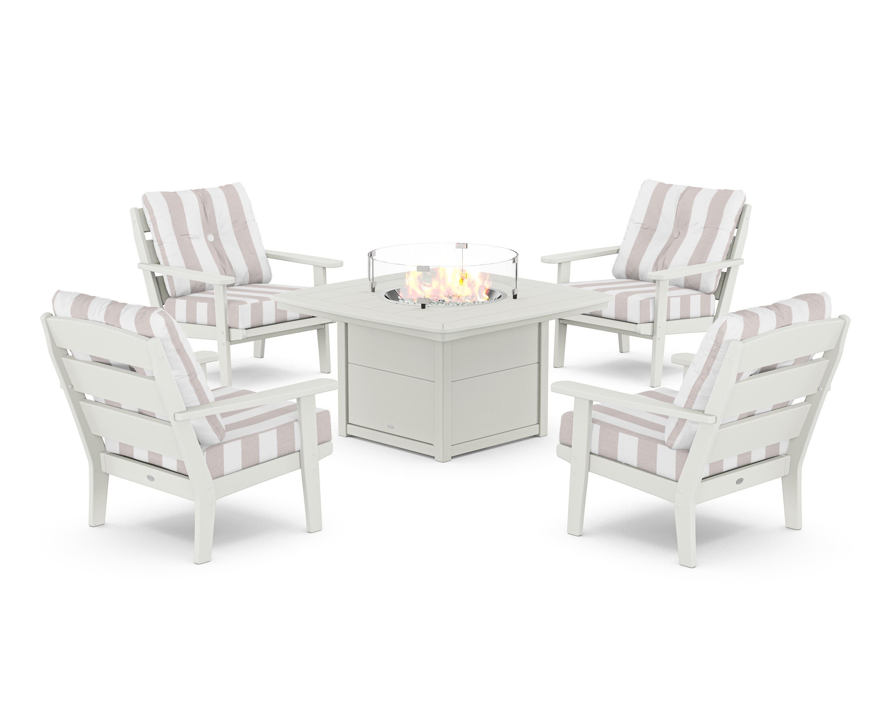Lakeside 5-Piece Deep Seating Set with Nautical Fire Pit Table in Vintage White / Cabana Stripe Dune Burlap