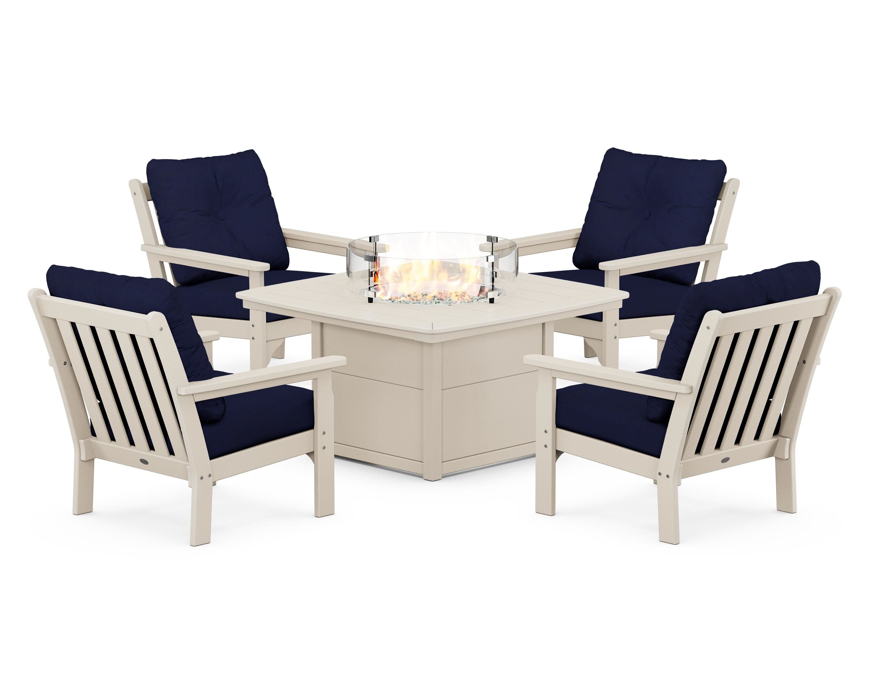 Vineyard 5-Piece Conversation Set with Fire Pit Table in Sand / Navy