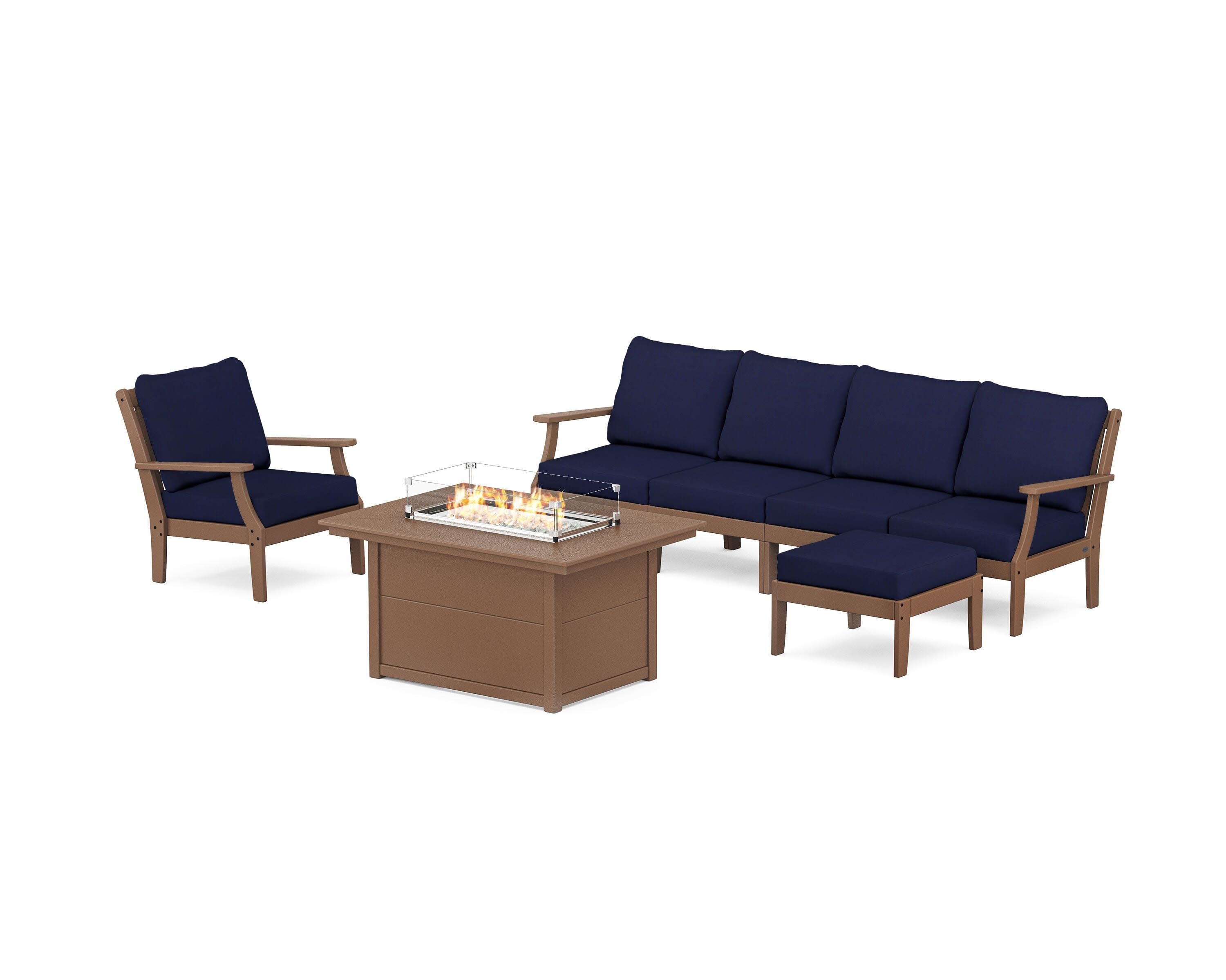 Braxton Sectional Lounge and Fire Pit Set in Teak / Navy
