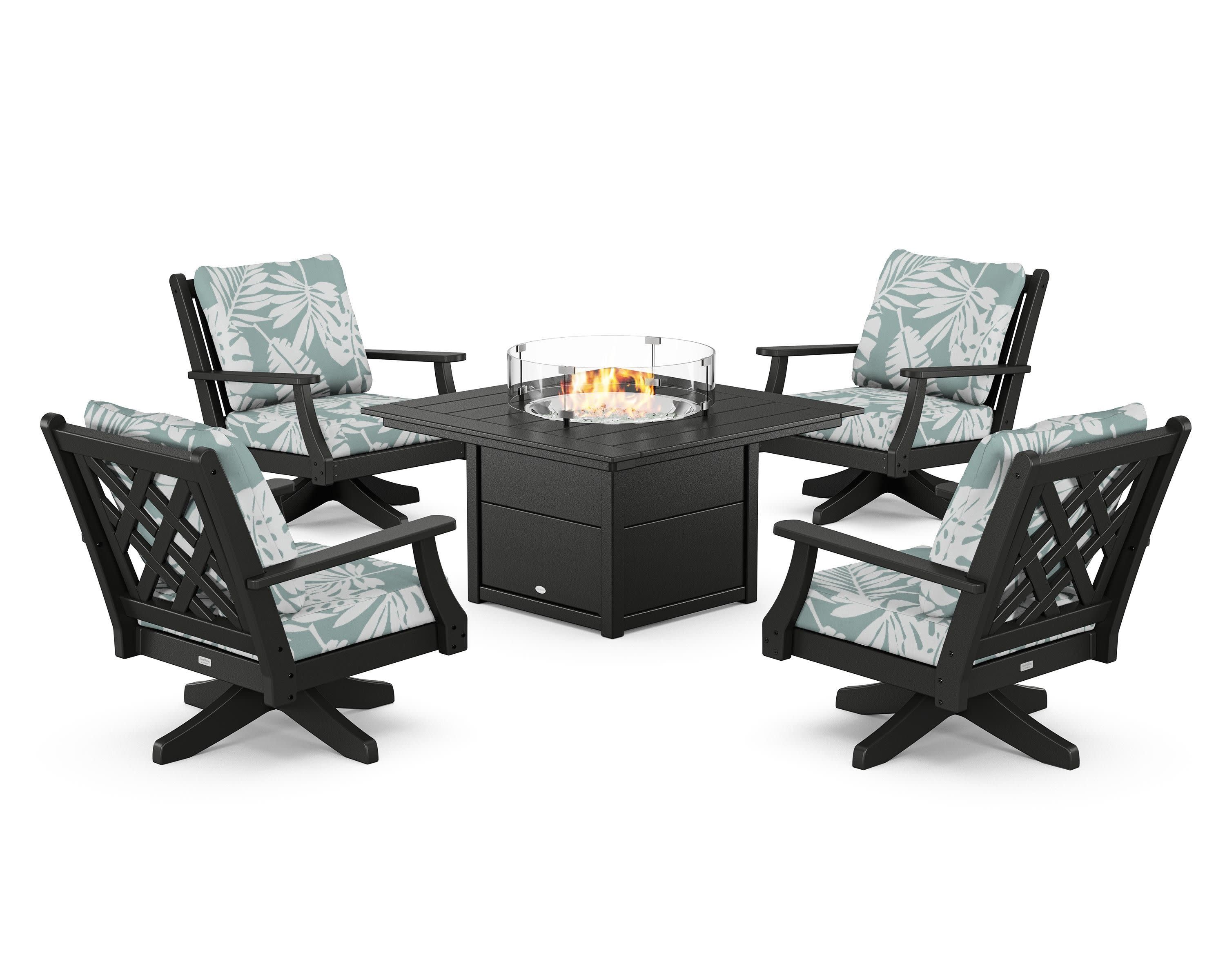 Wovendale 5-Piece Deep Seating Swivel Conversation Set with Fire Pit Table in Black / Leaf Glacier Spa