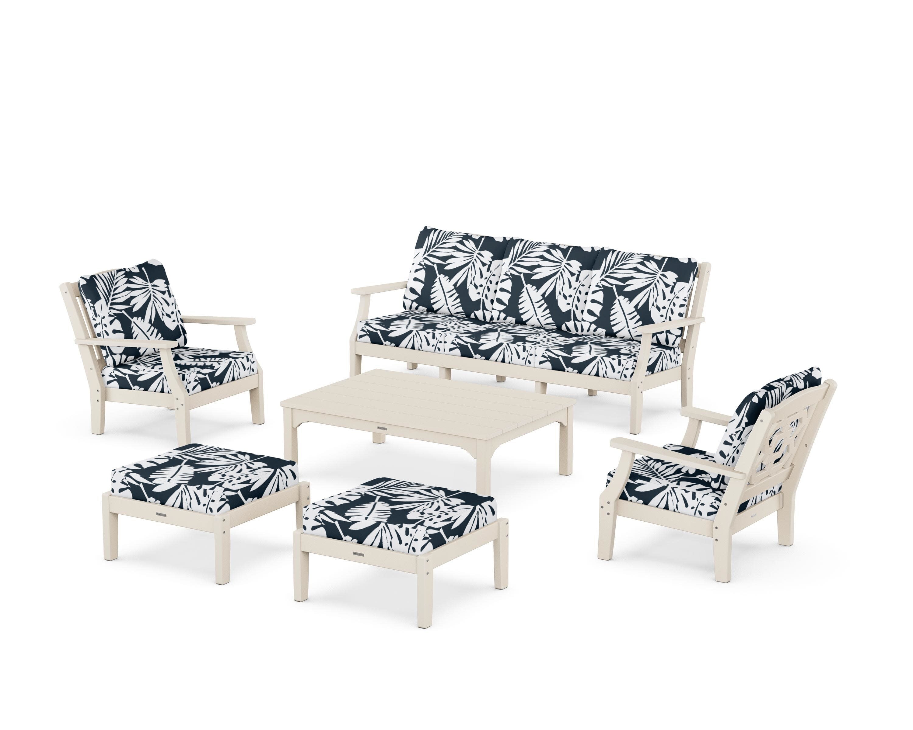 Chinoiserie 6-Piece Lounge Sofa Set in Sand / Leaf Marine Indigo