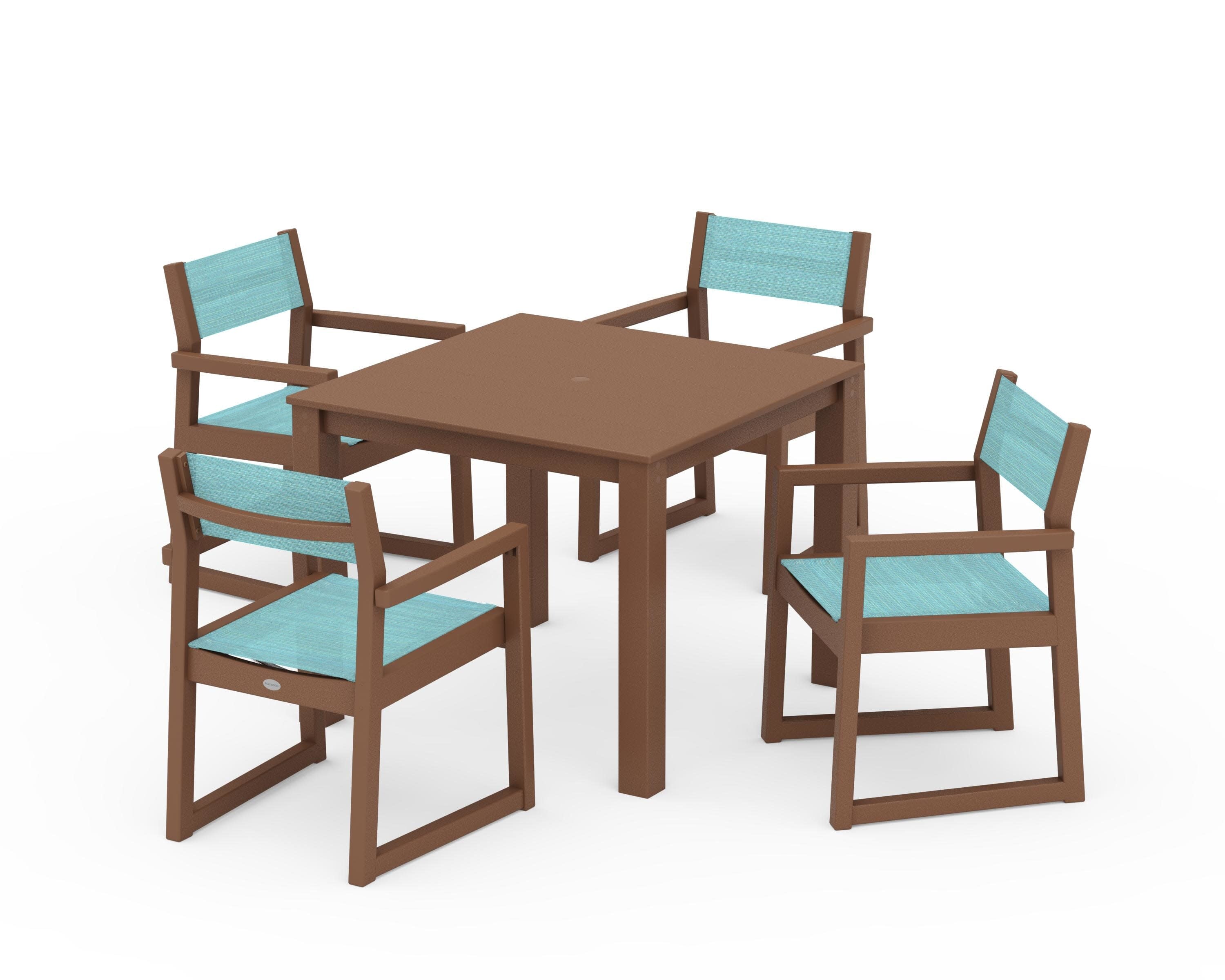 EDGE Sling Arm Chair 5-Piece Parsons Dining Set in Teak / Dupioni Aquamarine Sling