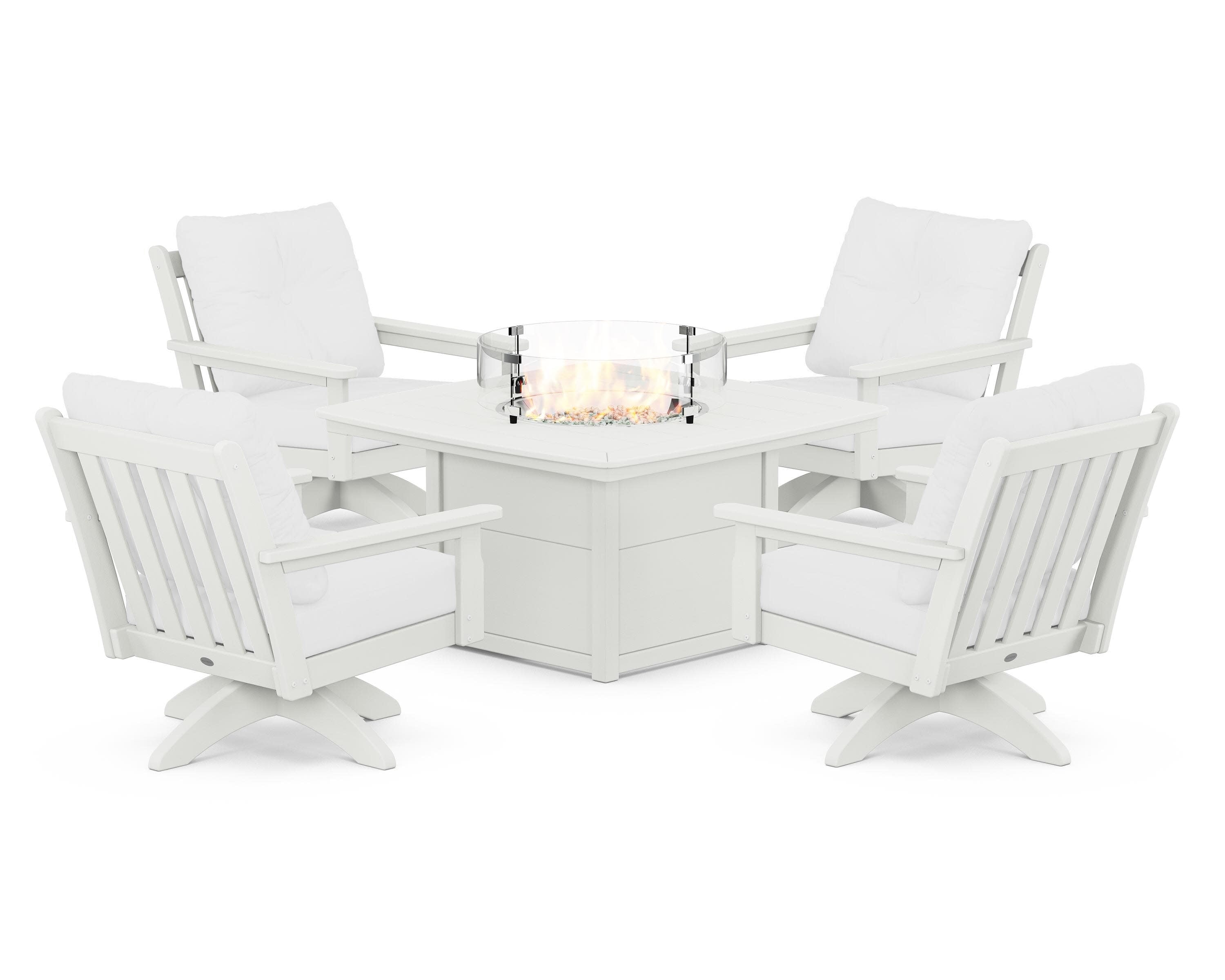 Vineyard 5-Piece Deep Seating Swivel Conversation Set with Fire Pit Table in Vintage White / Natural