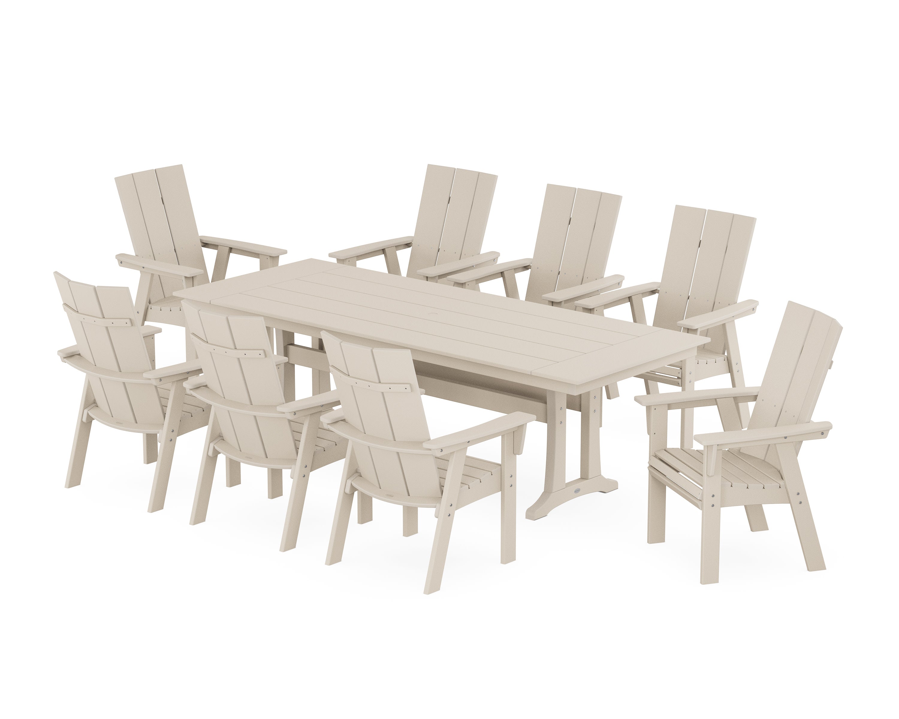 Modern Curveback Adirondack 9-Piece Farmhouse Dining Set with Trestle Legs in Sand