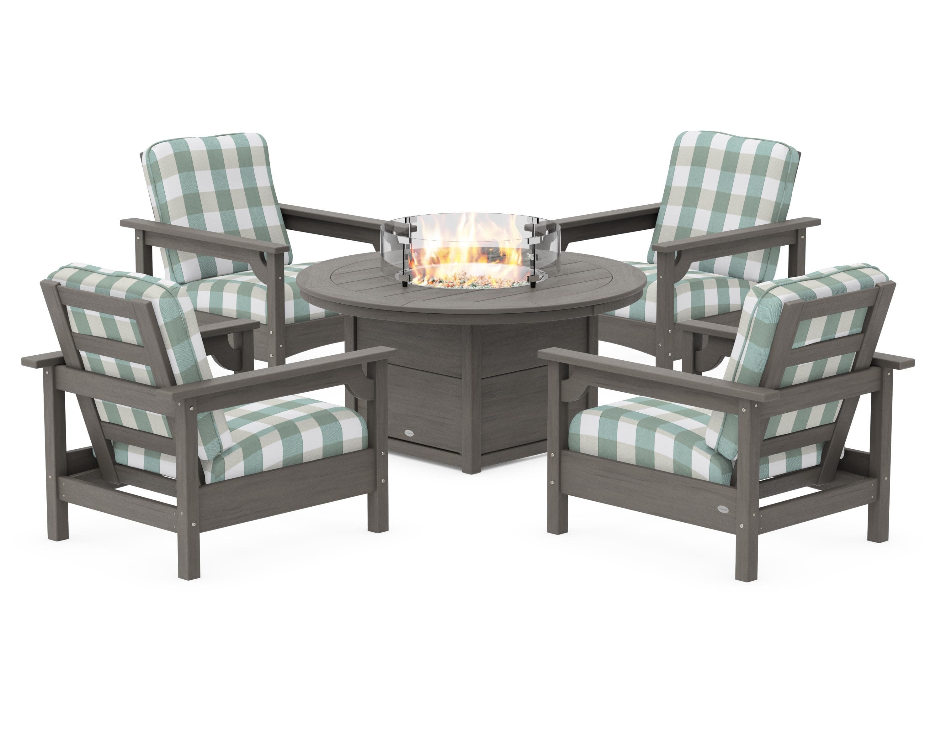 Club 5-Piece Conversation Set with Fire Pit Table in Driftwood / Buffalo Plaid Glacier Spa