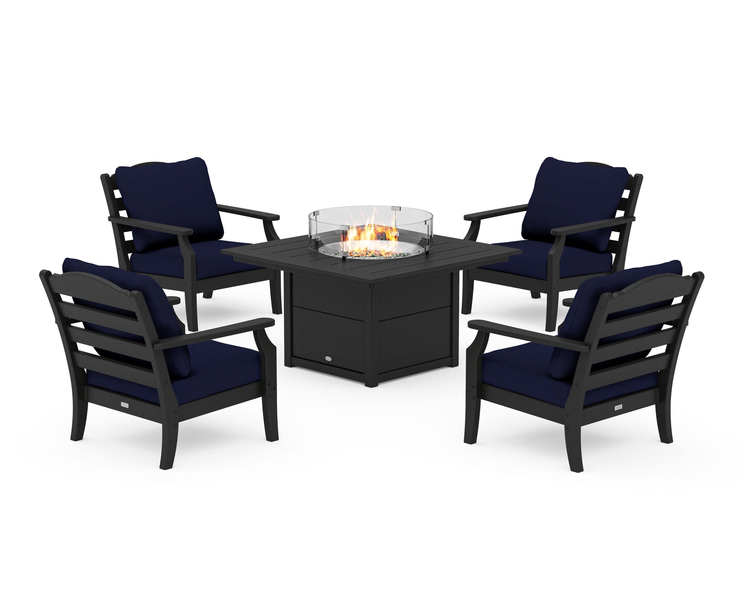 Savannah 5-Piece Deep Seating Set with Fire Pit Table in Black / Navy