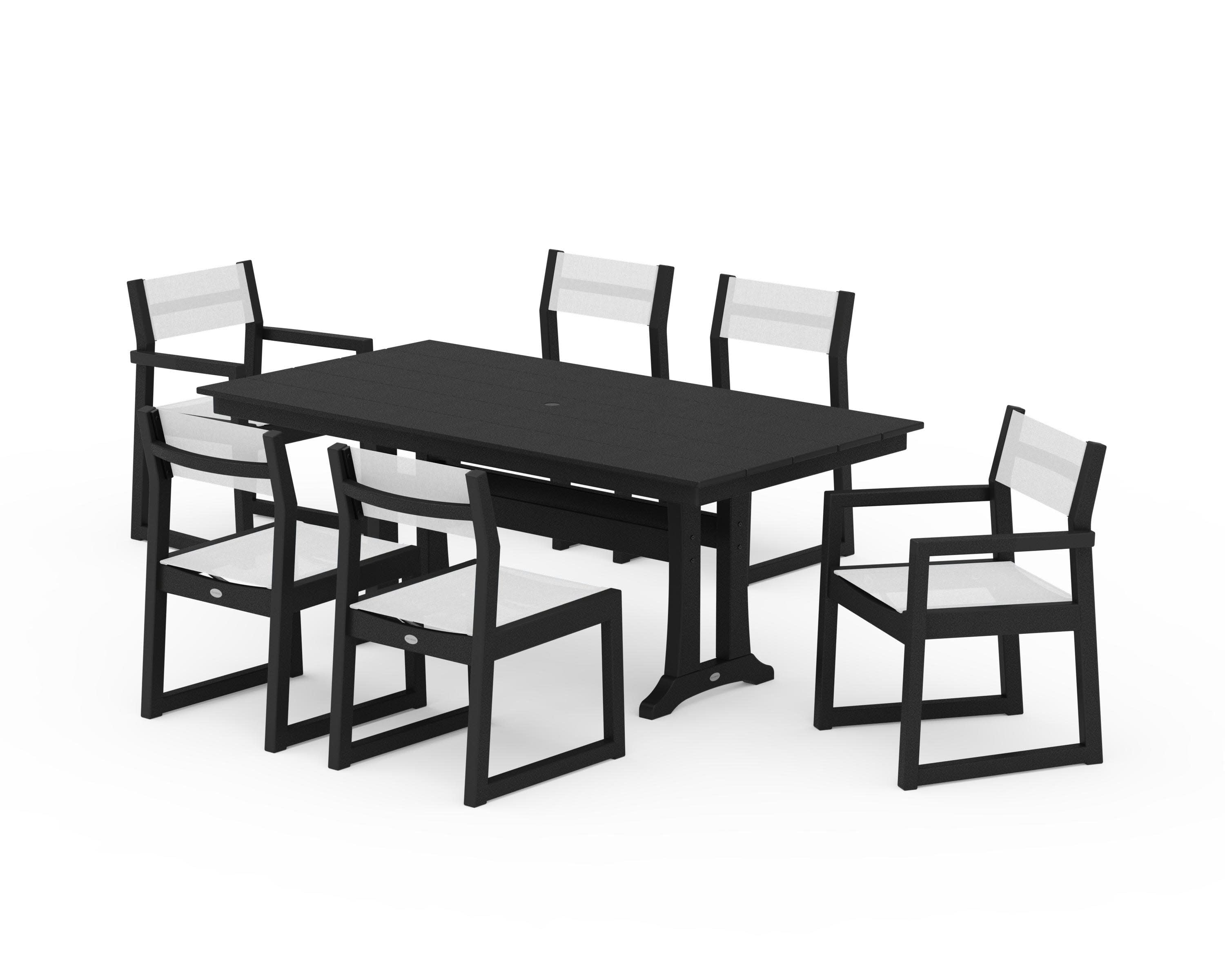 EDGE Sling 7-Piece Farmhouse Trestle Dining Set in Black / White Sling