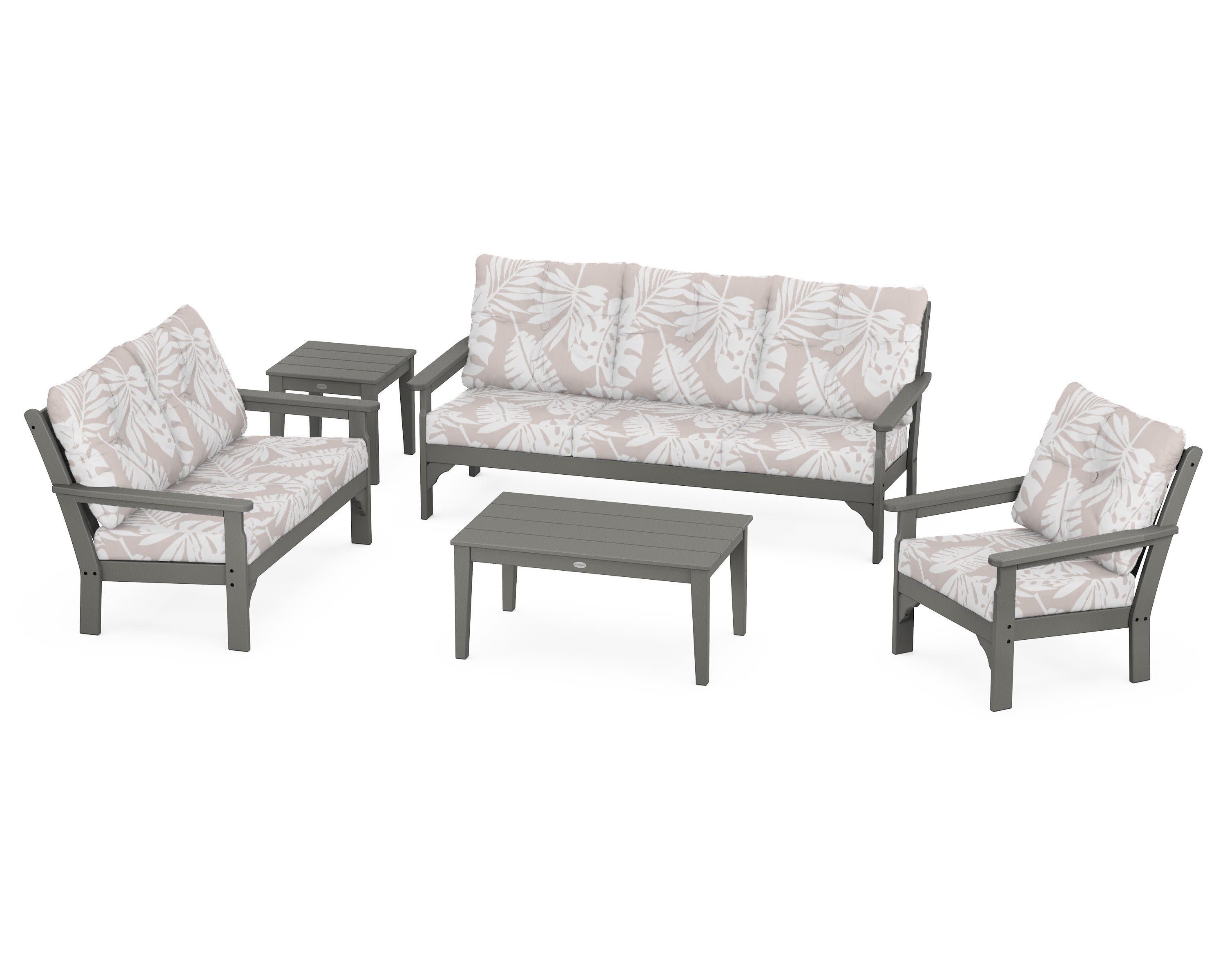 Vineyard 5 Piece Deep Seating Set in Slate Grey / Leaf Dune Burlap