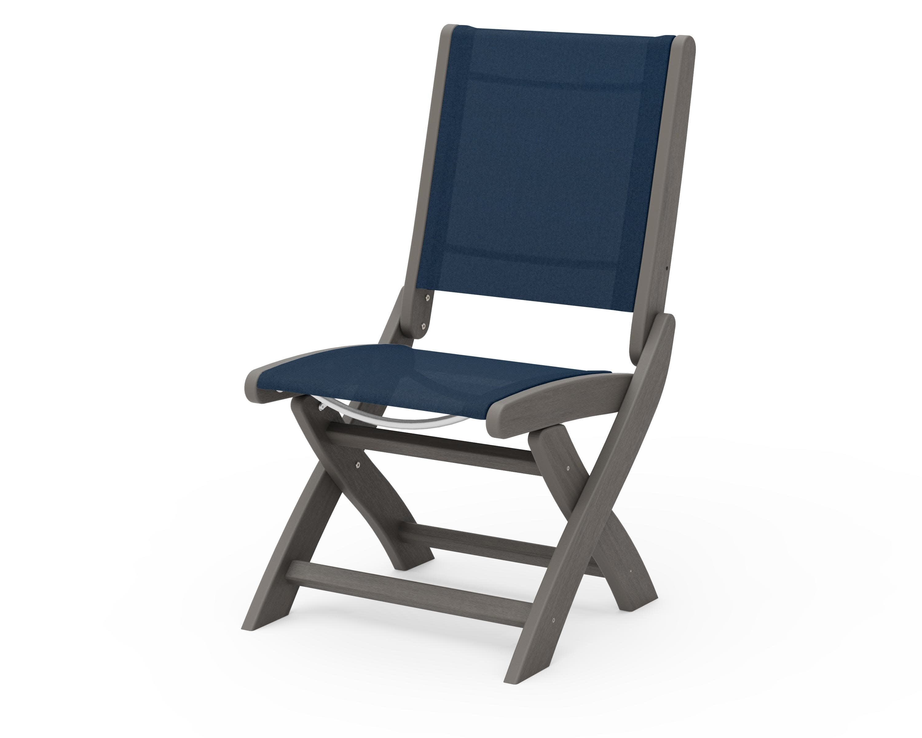 Coastal Folding Side Chair in Driftwood / Navy Blue Sling