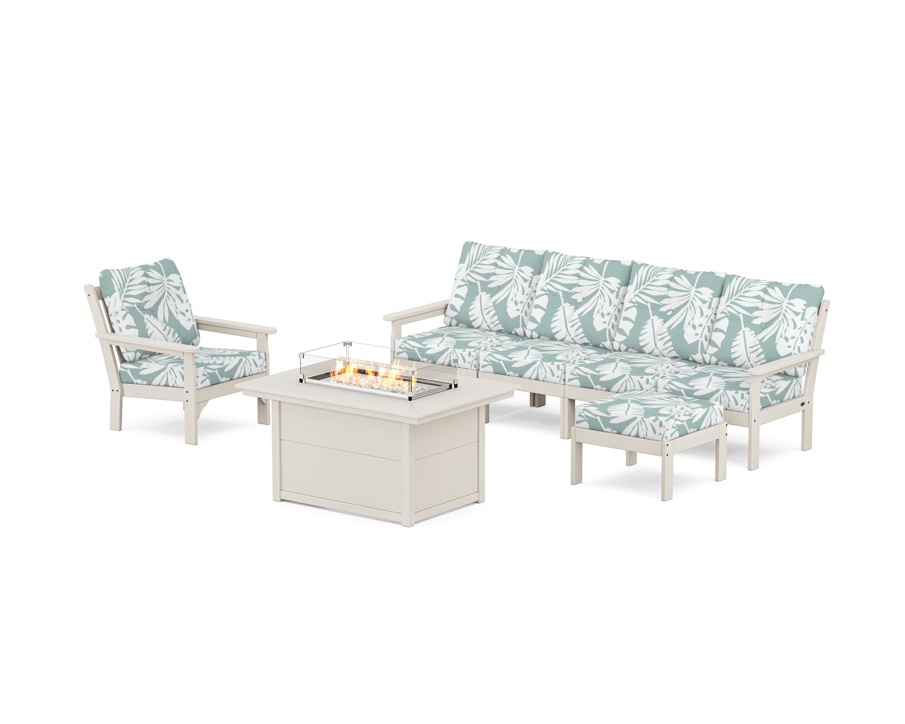 Vineyard Sectional Lounge and Fire Pit Set in Sand / Leaf Glacier Spa