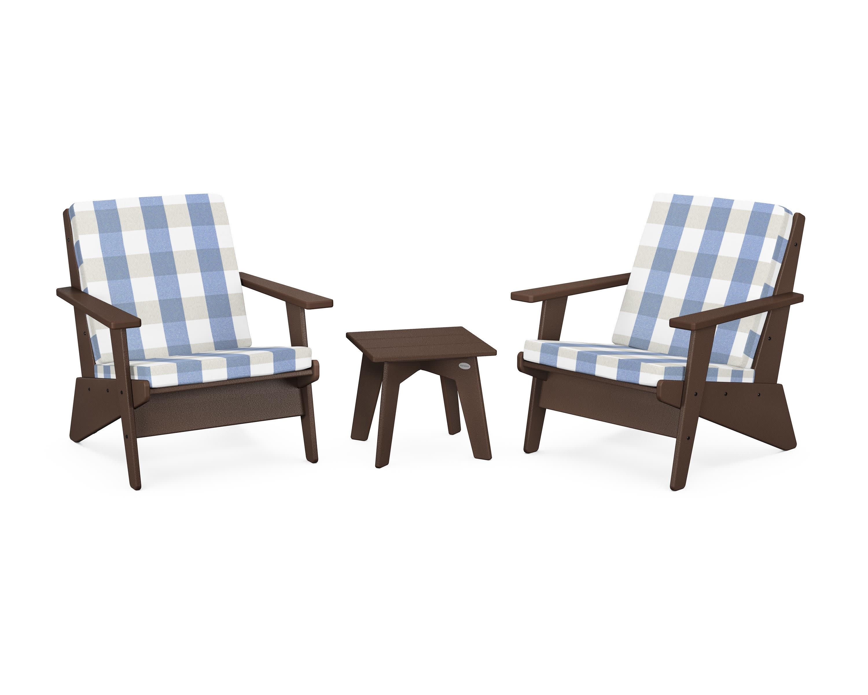 Riviera Modern Lounge 3-Piece Set in Mahogany / Buffalo Plaid Sky Blue