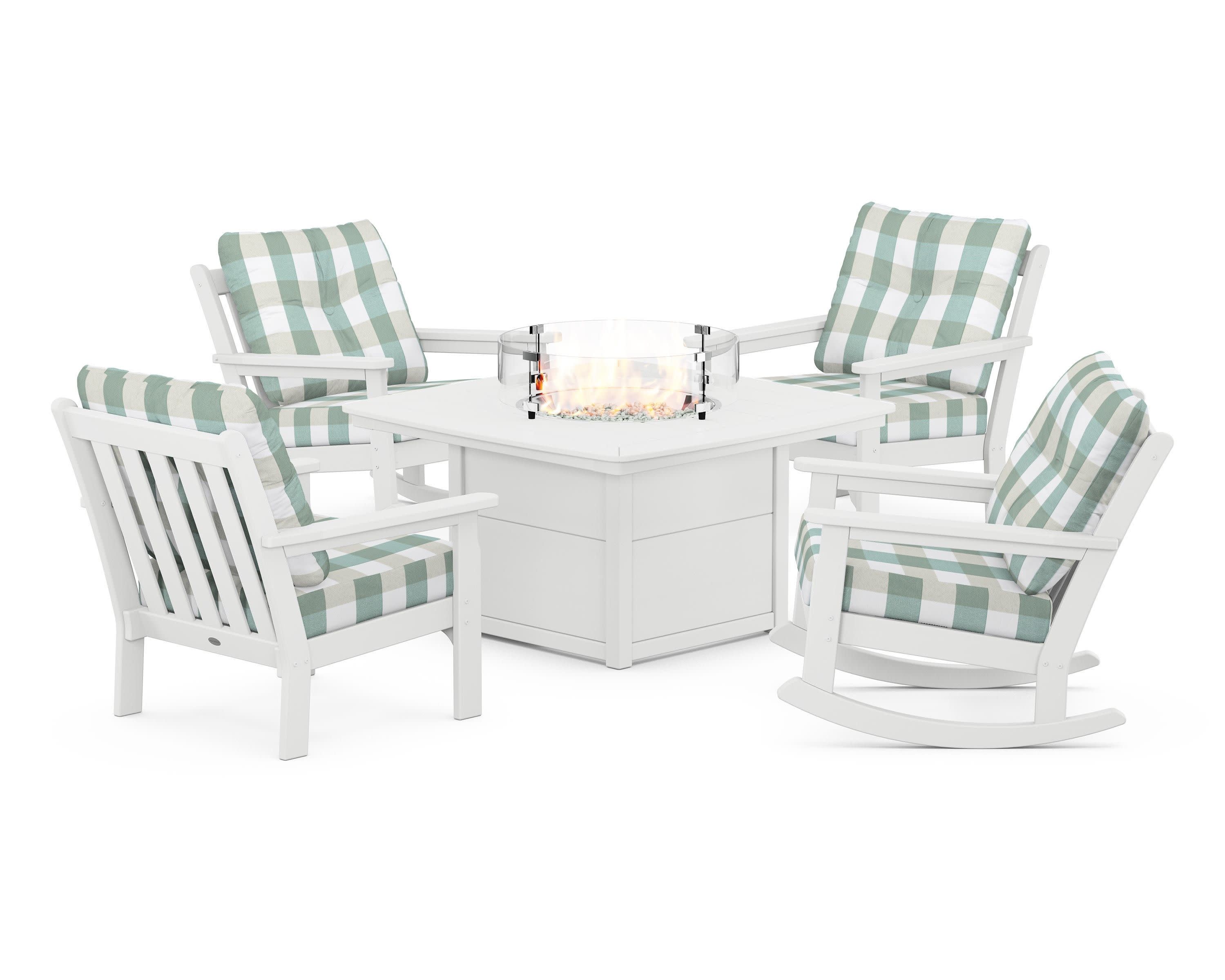 Vineyard 5-Piece Deep Seating Rocking Chair Conversation Set with Fire Pit Table in White / Buffalo Plaid Glacier Spa