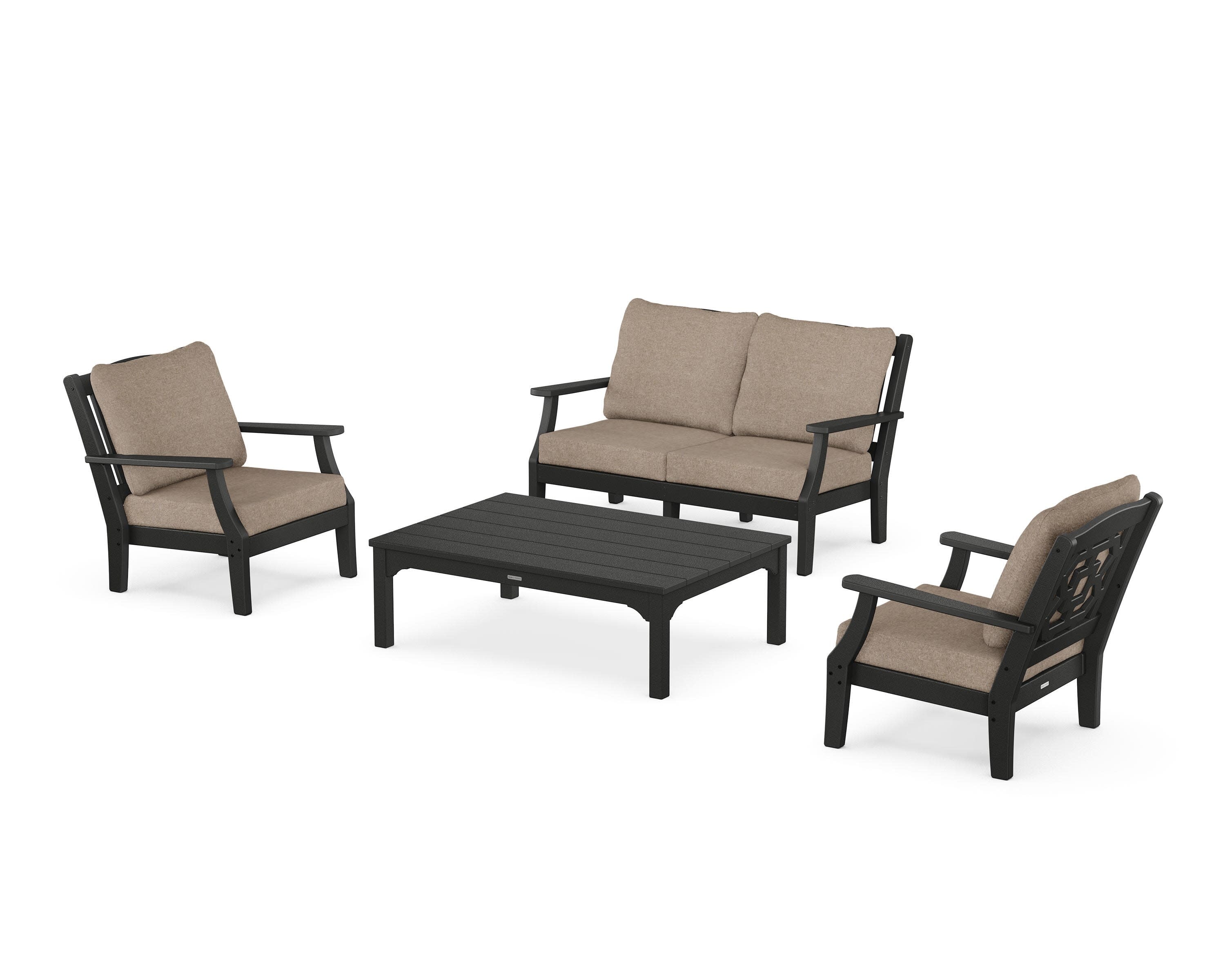 Chinoiserie 4-Piece Deep Seating Set with Loveseat in Black / Spiced Burlap