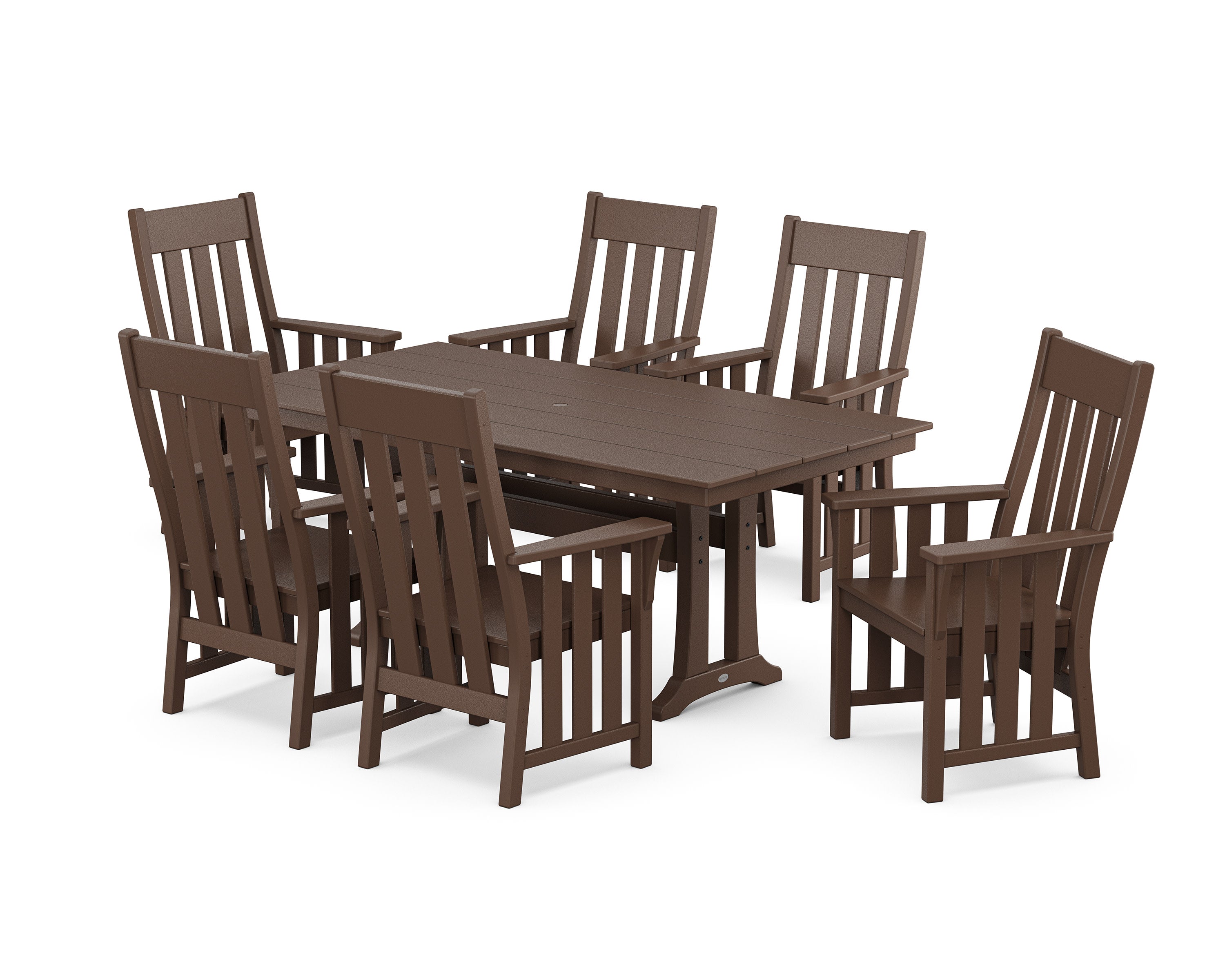 Acadia Arm Chair 7-Piece Farmhouse Dining Set with Trestle Legs in Mahogany