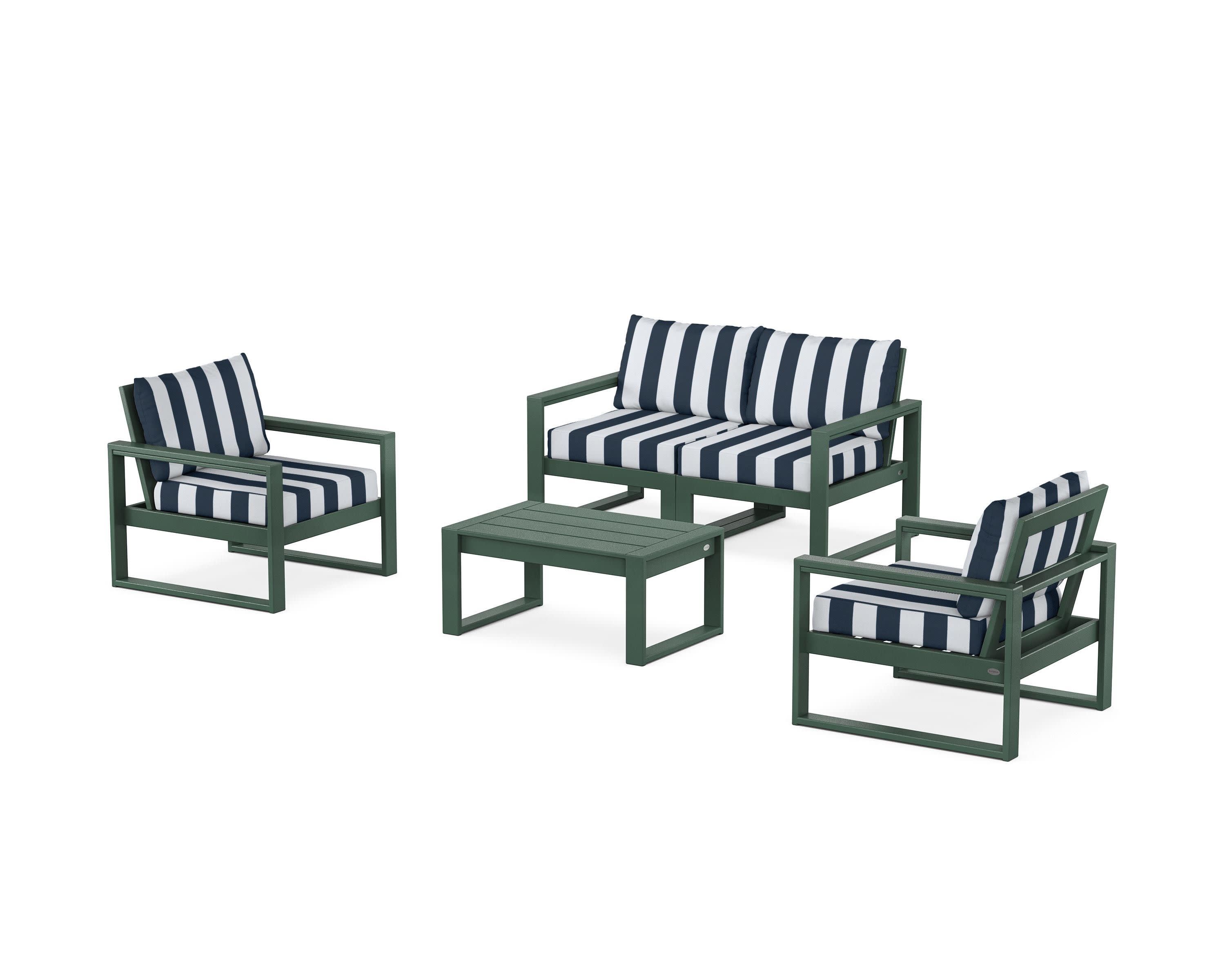 EDGE Sectional 4-Piece Deep Seating Set with Loveseat in Green / Cabana Stripe Marine Indigo