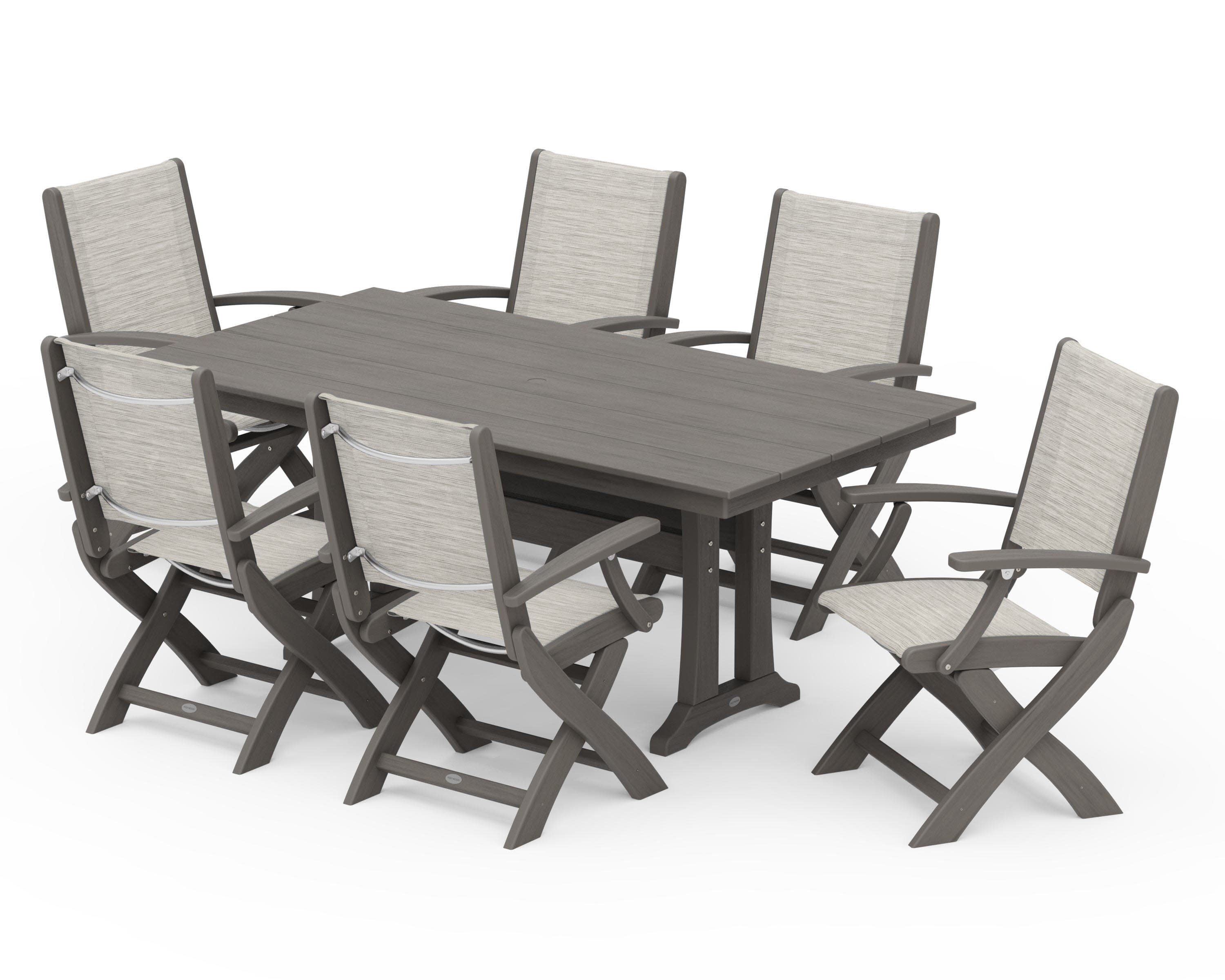 Coastal Folding Arm Chair 7-Piece Farmhouse Dining Set with Trestle Legs in Driftwood / Birch Sling