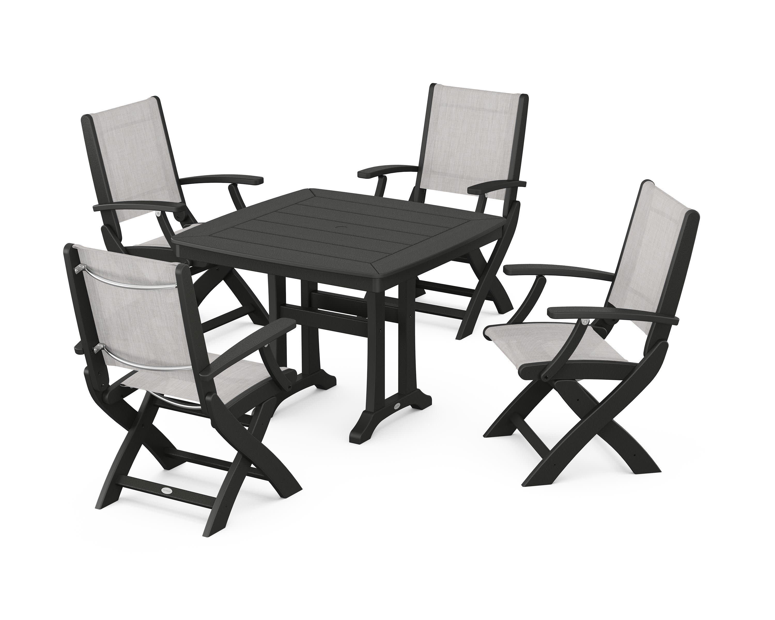 Coastal Folding Chair 5-Piece Dining Set with Trestle Legs in Black / Parchment Sling