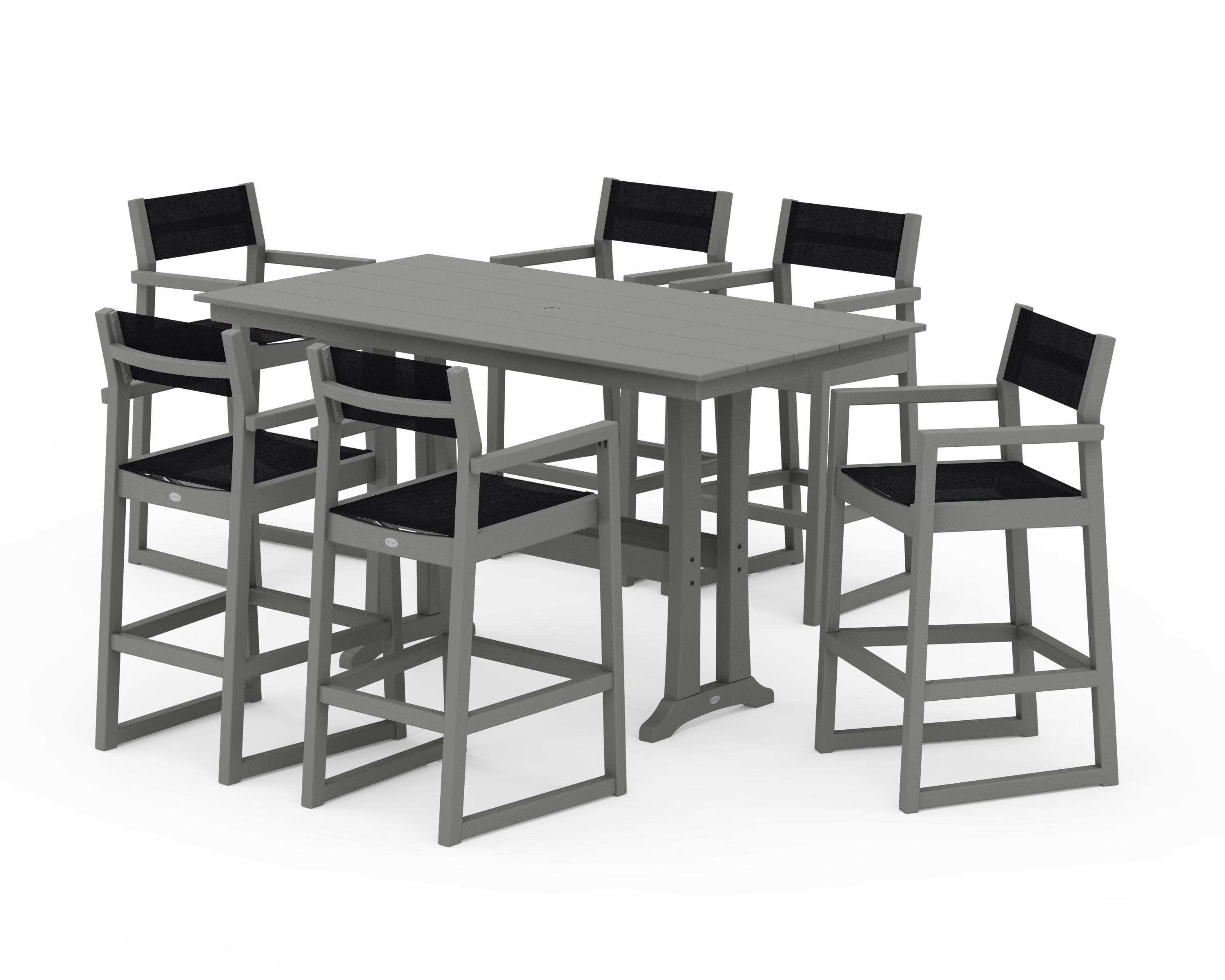 EDGE Sling Arm Chair 7-Piece Farmhouse Bar Set with Trestle Legs in Slate Grey / Black Sling