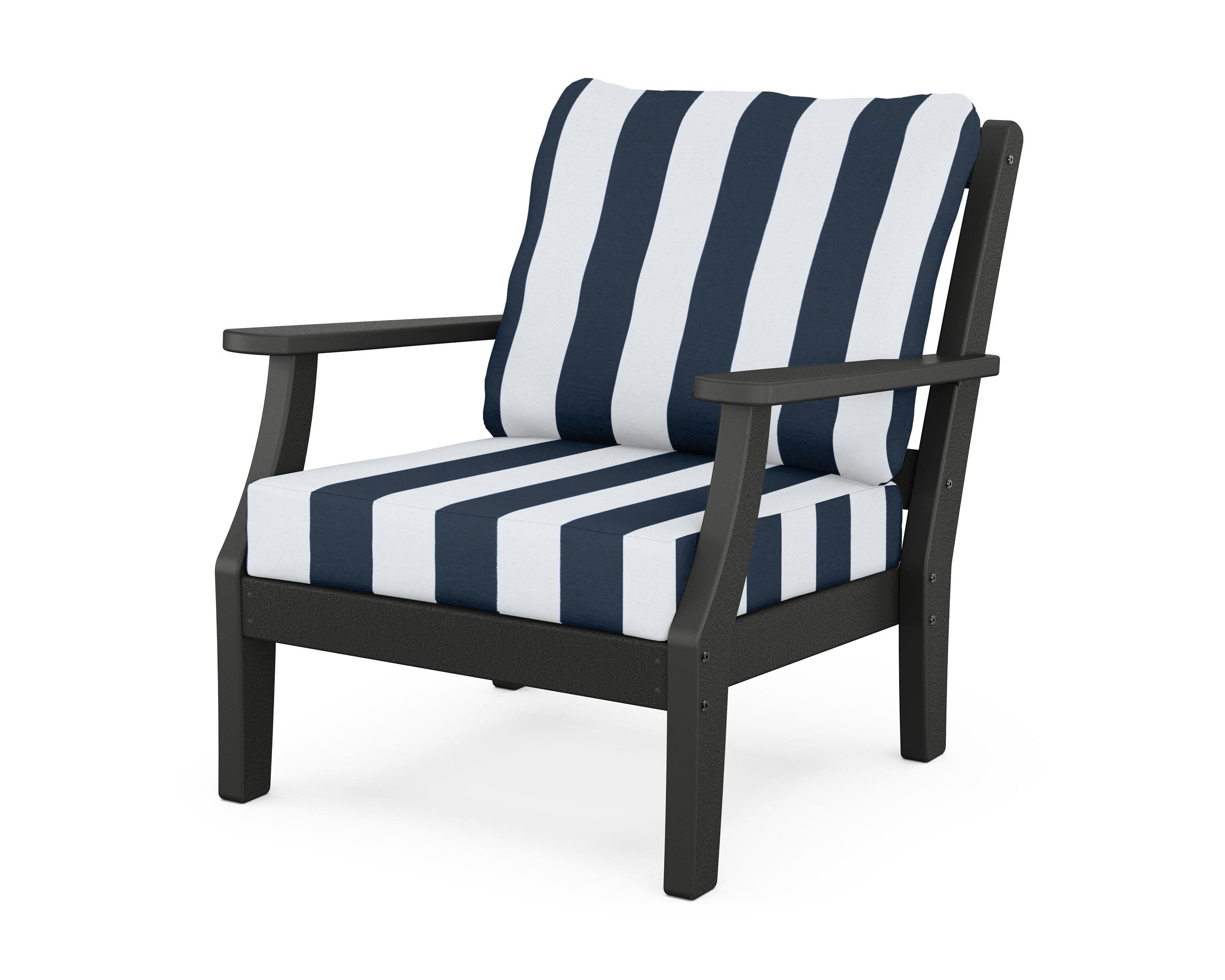 Chinoiserie Deep Seating Chair in Black / Cabana Stripe Marine Indigo