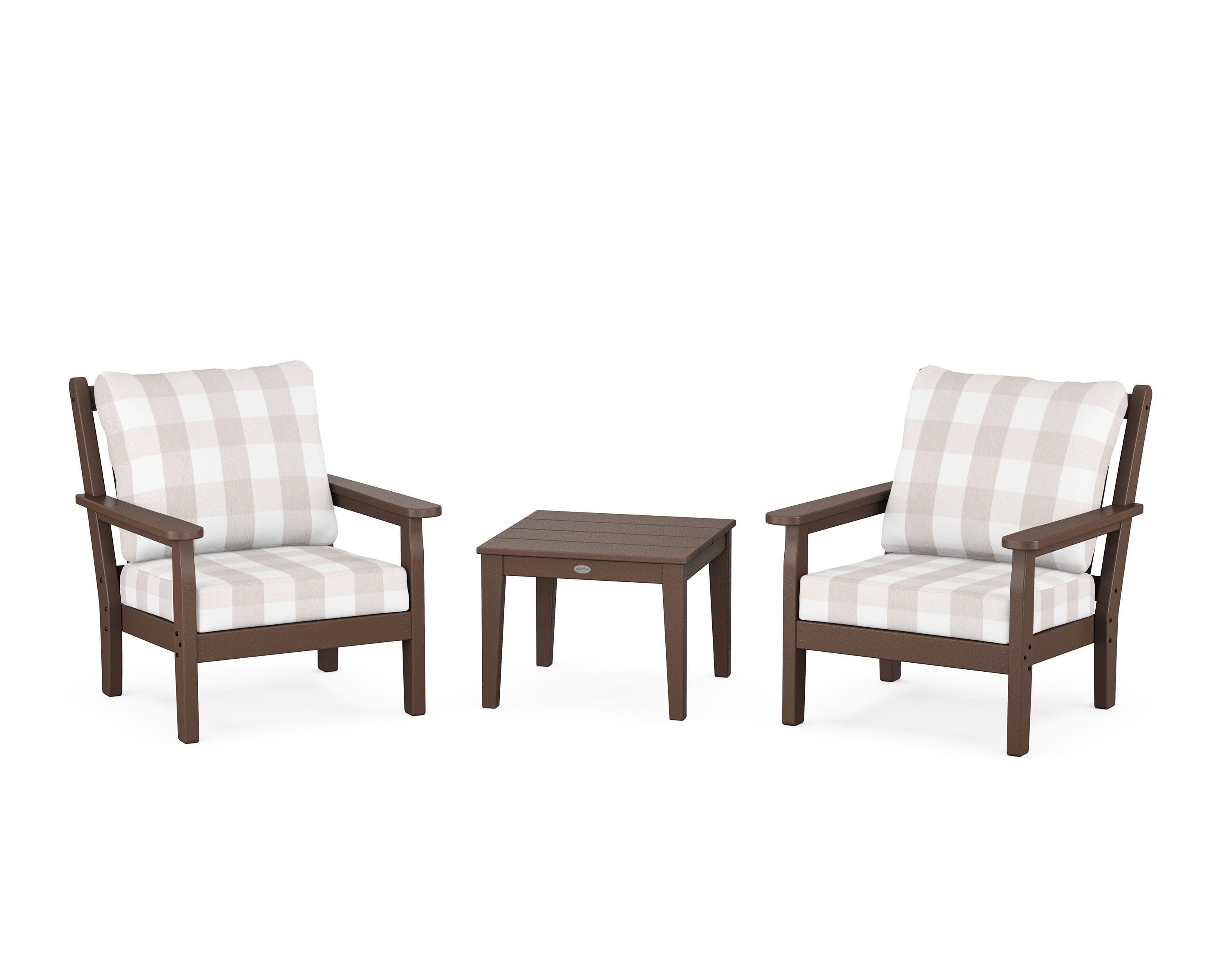 Chippendale 3-Piece Deep Seating Set in Mahogany / Buffalo Plaid Dune Burlap