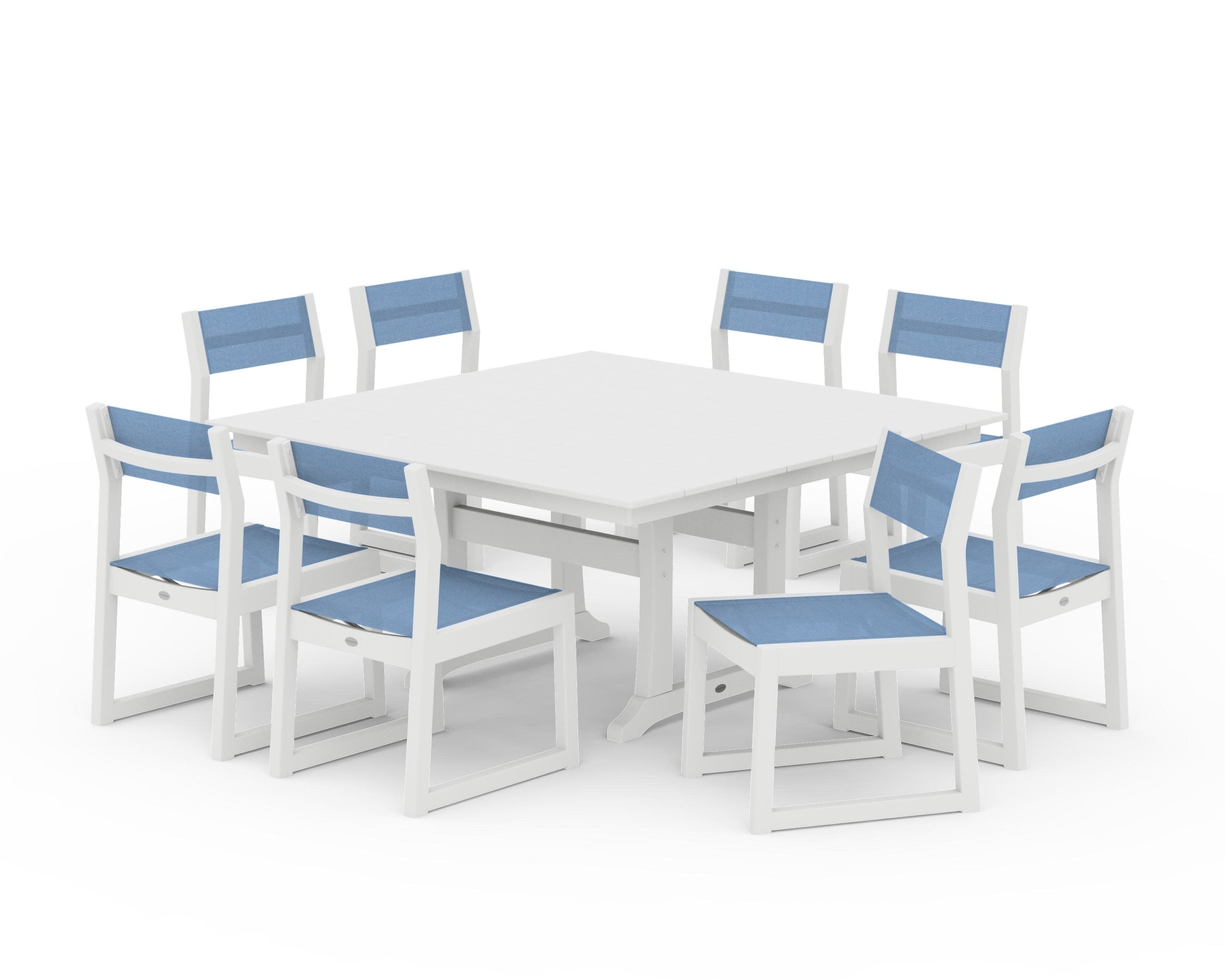 EDGE Sling Side Chair 9-Piece Farmhouse Trestle Dining Set in White / Poolside Sling