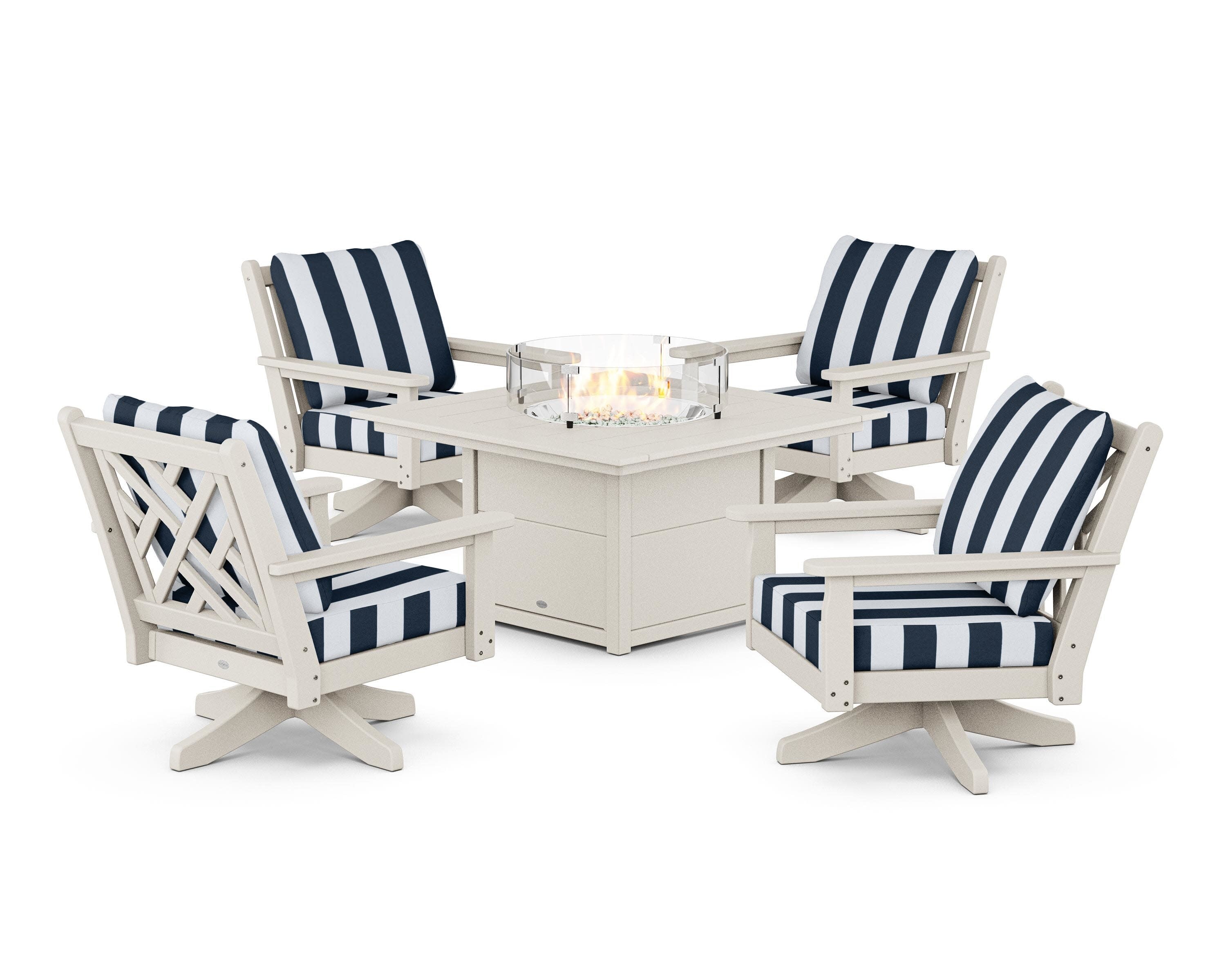 Chippendale 5-Piece Deep Seating Swivel Conversation Set with Fire Pit Table in Sand / Cabana Stripe Marine Indigo