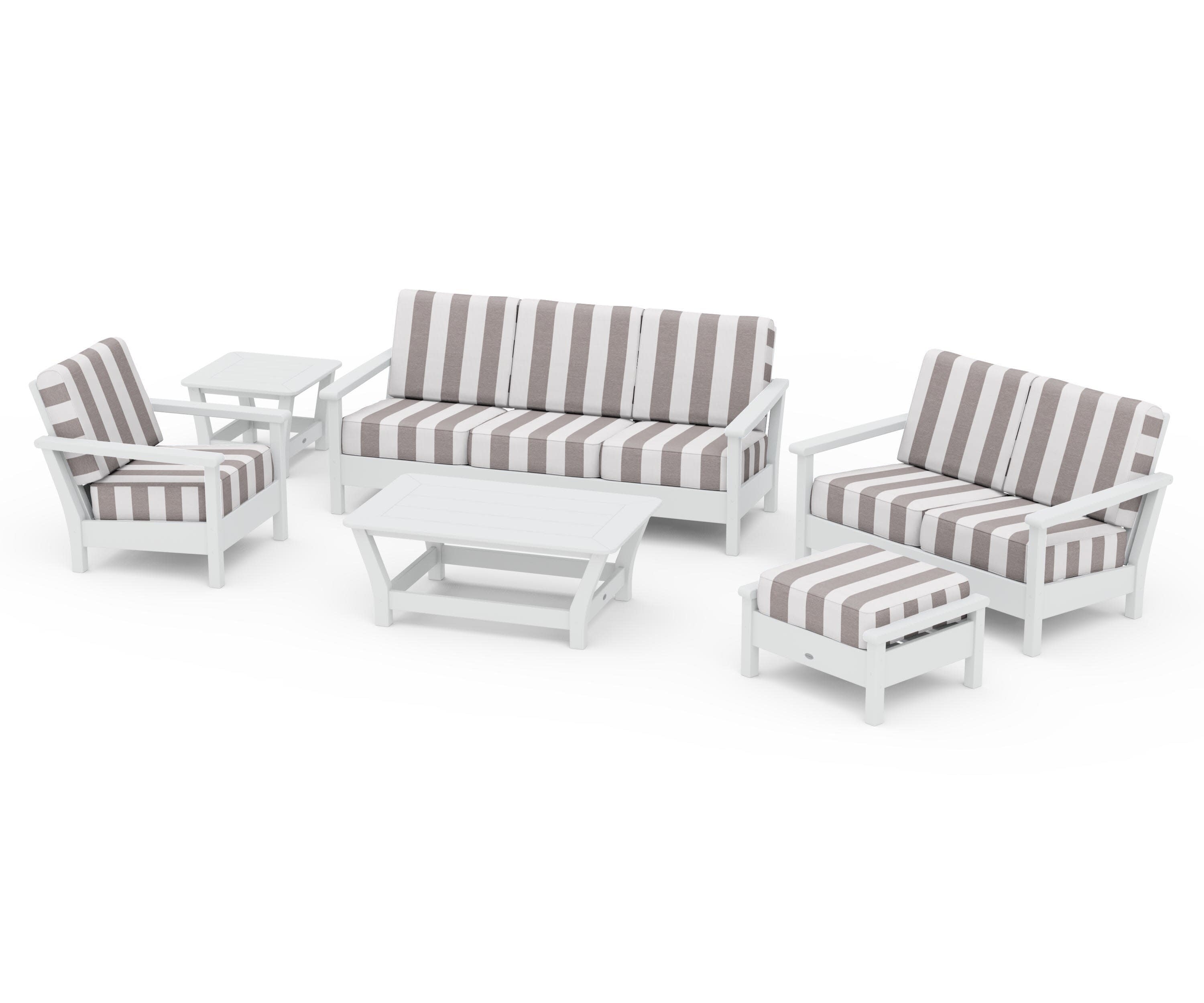Harbour 6-Piece Outdoor Living Set in White / Cabana Stripe Grey Mist