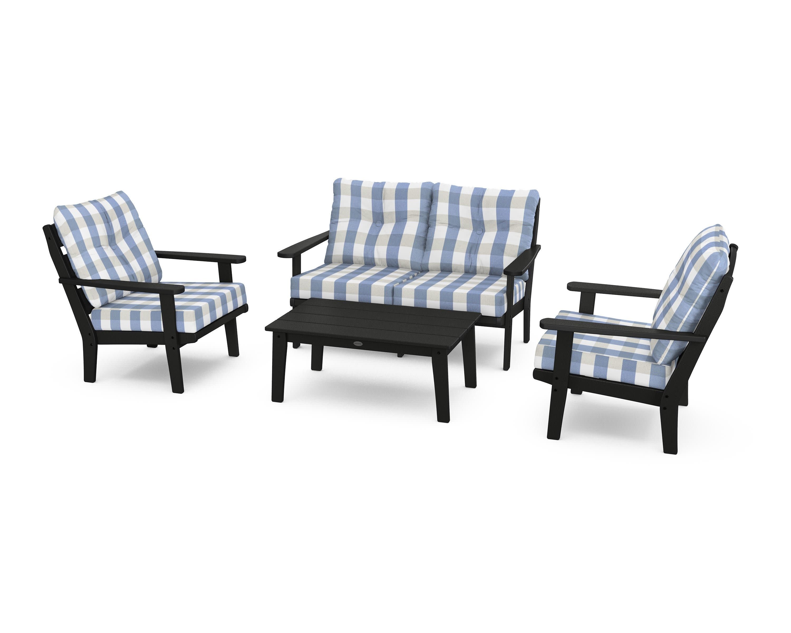 Lakeside 4-Piece Deep Seating Set in Black / Buffalo Plaid Sky Blue