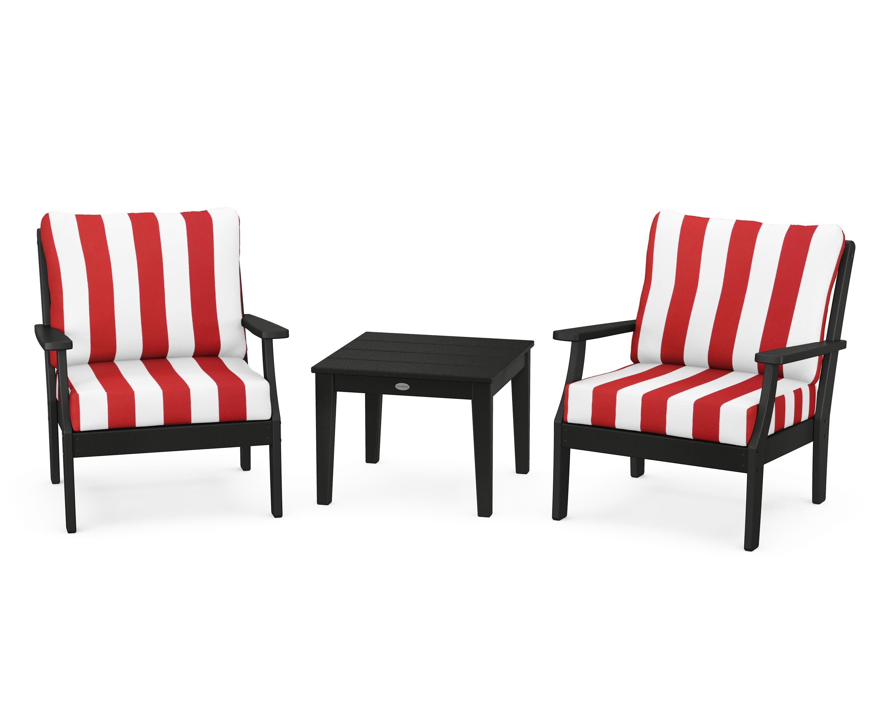 Braxton 3-Piece Deep Seating Set in Black / Cabana Stripe Crimson