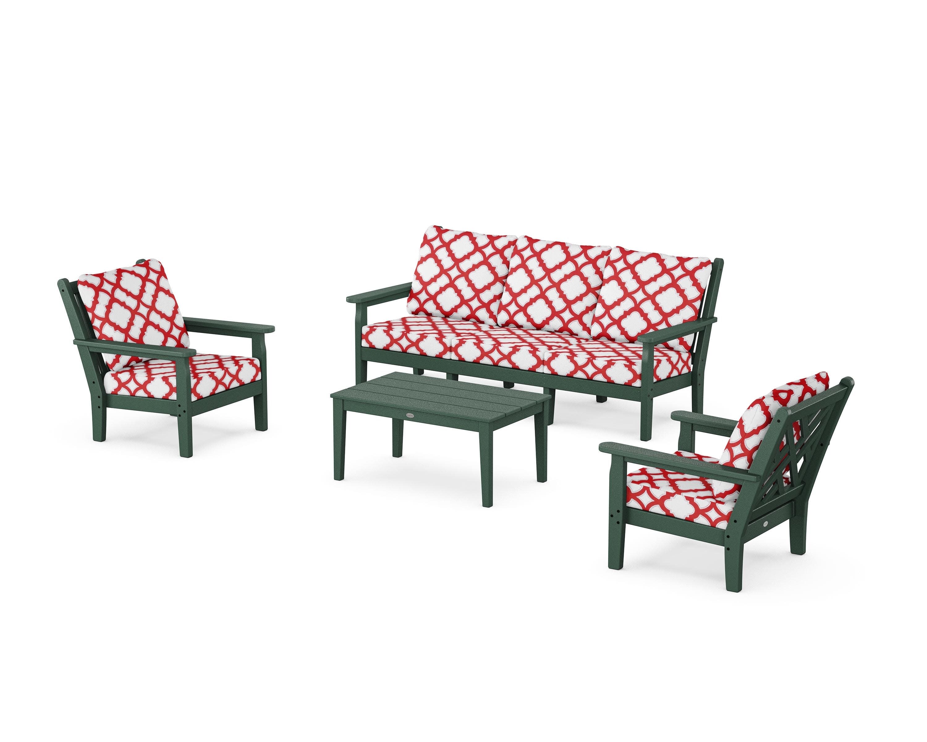 Chippendale 4-Piece Deep Seating Set with Sofa in Green / Trellis Crimson