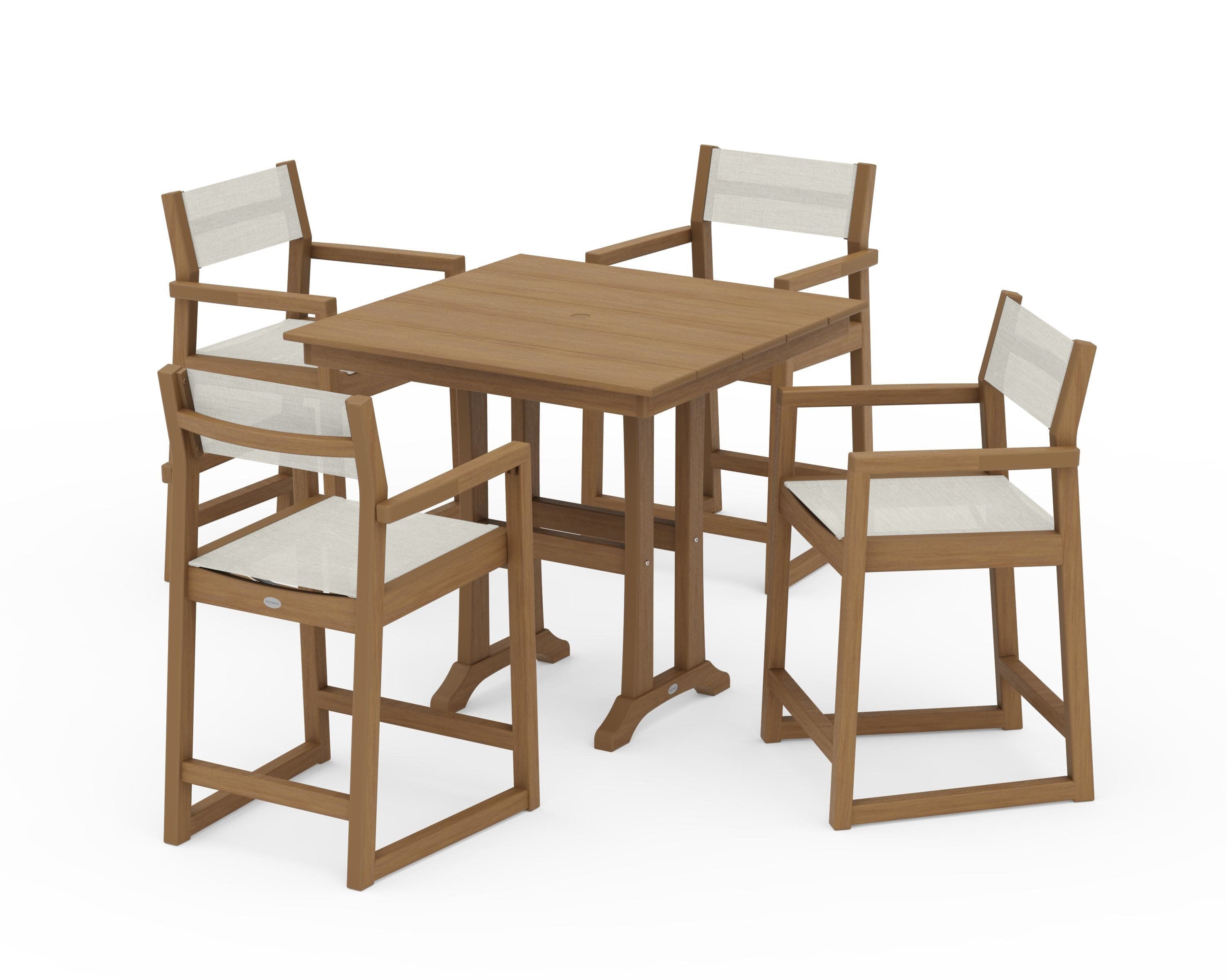 EDGE Sling Arm Chair 5-Piece Farmhouse Counter Set with Trestle Legs in Natural / Parchment Sling