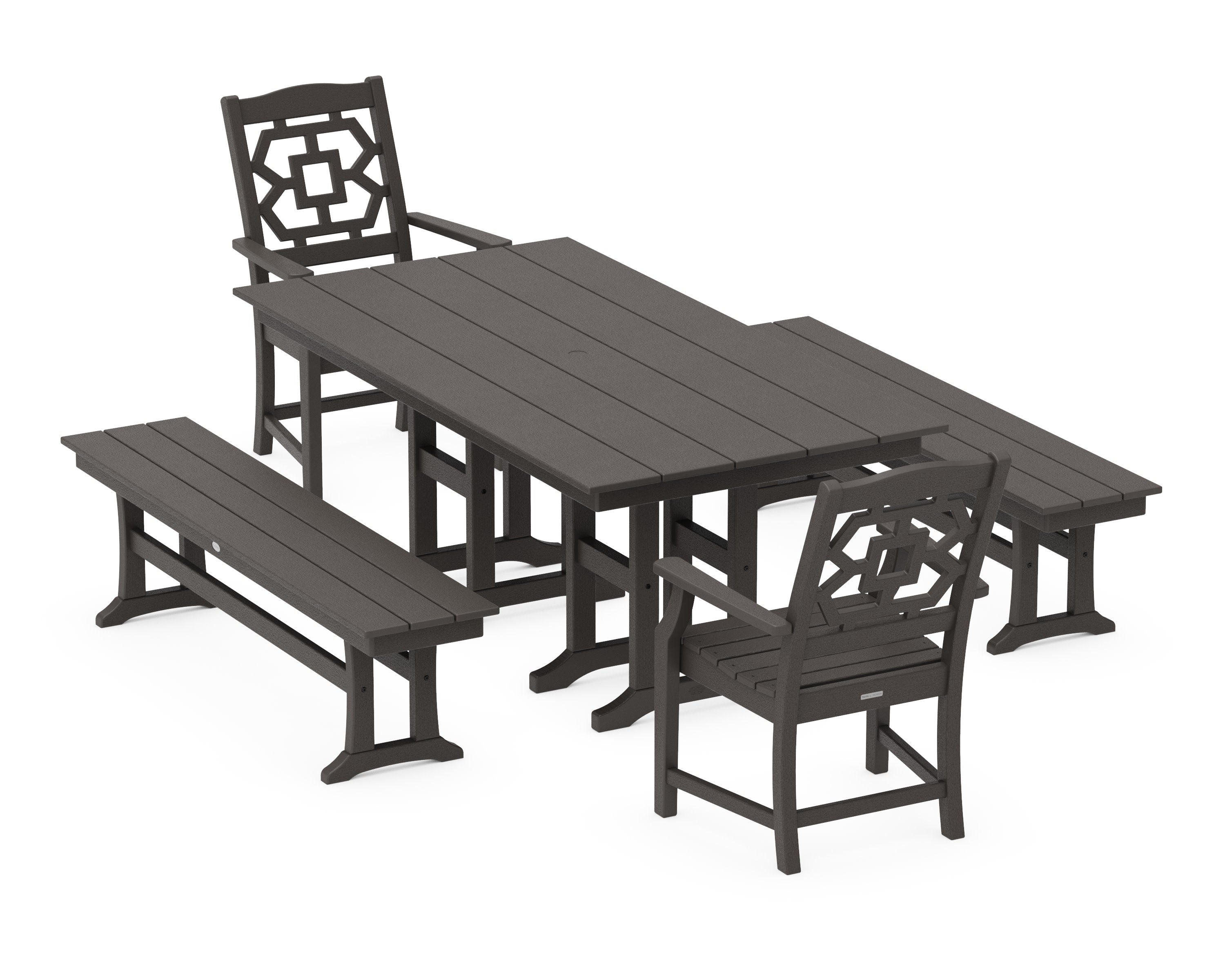 Chinoiserie 5-Piece Farmhouse Dining Set with Benches in Vintage Coffee