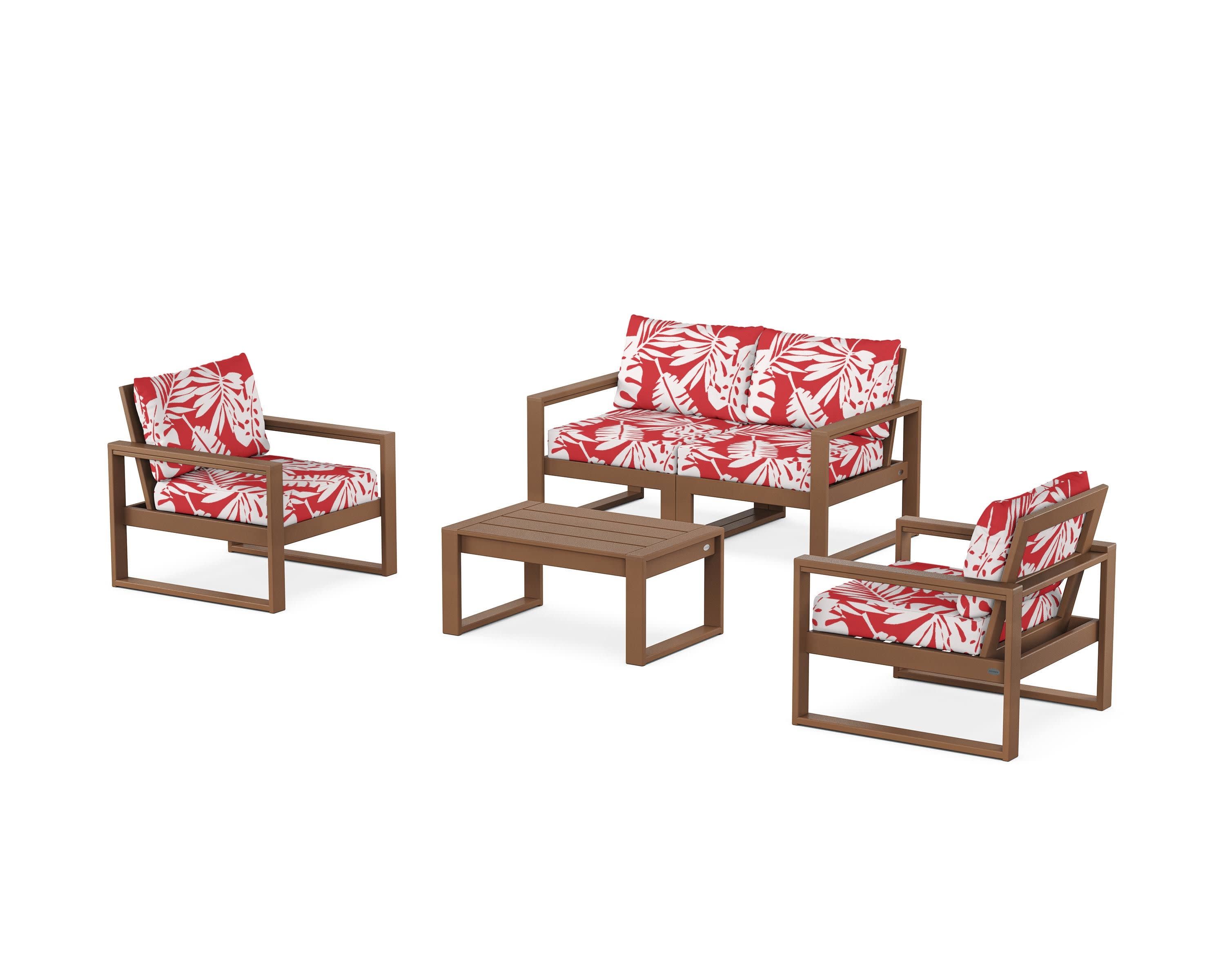 EDGE Sectional 4-Piece Deep Seating Set with Loveseat in Teak / Leaf Crimson