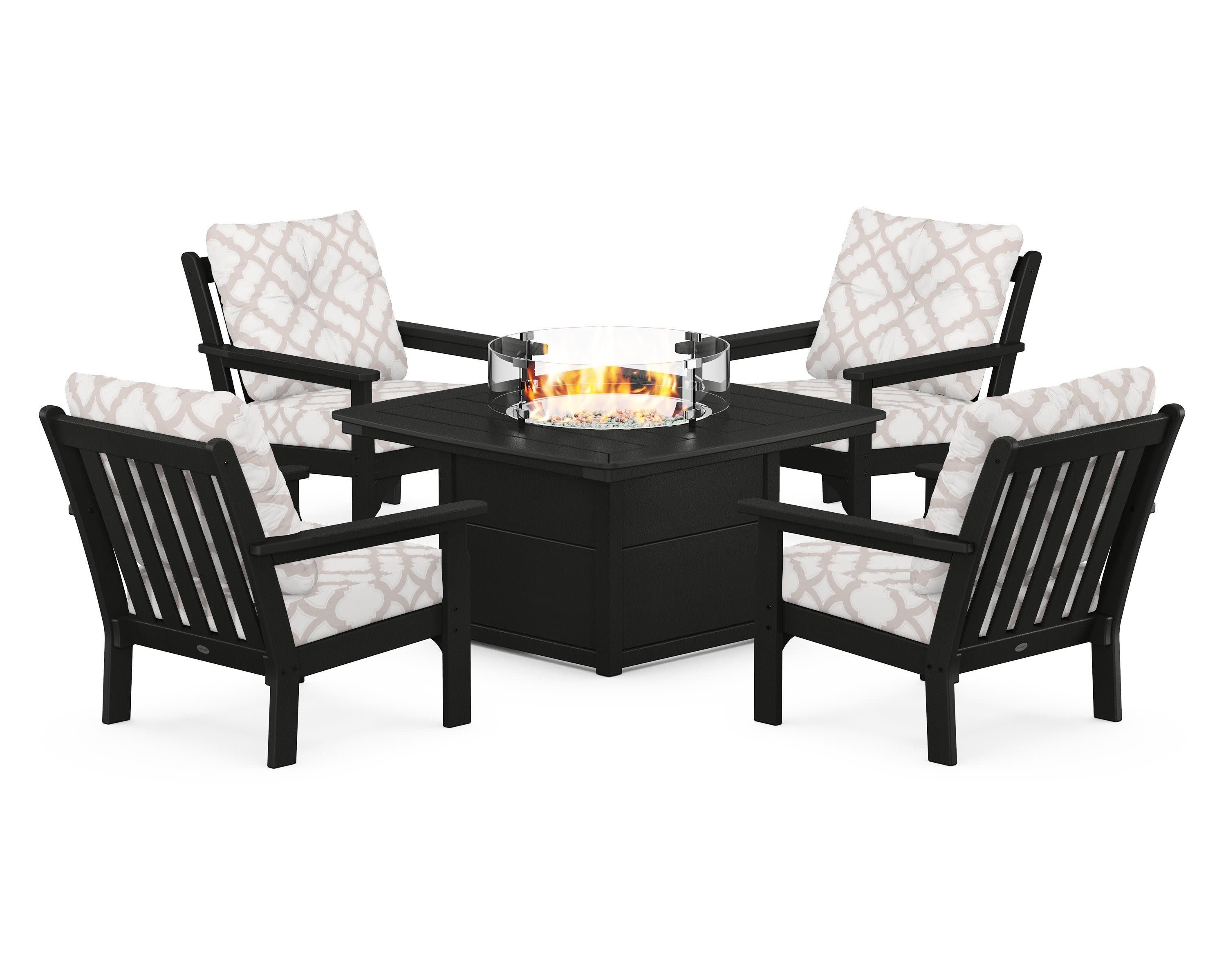 Vineyard 5-Piece Conversation Set with Fire Pit Table in Black / Trellis Dune Burlap
