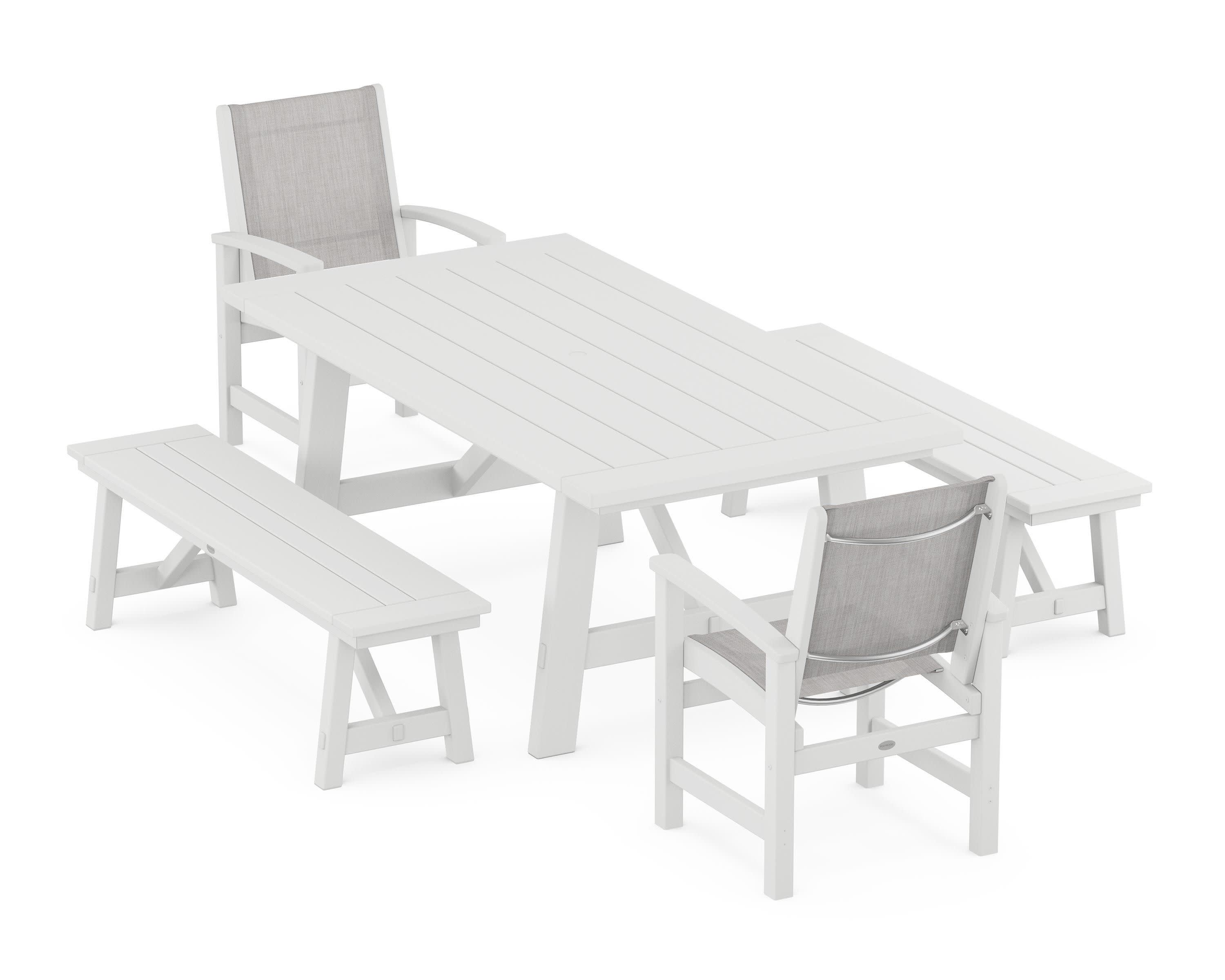Coastal 5-Piece Rustic Farmhouse Dining Set With Benches in White / Parchment Sling