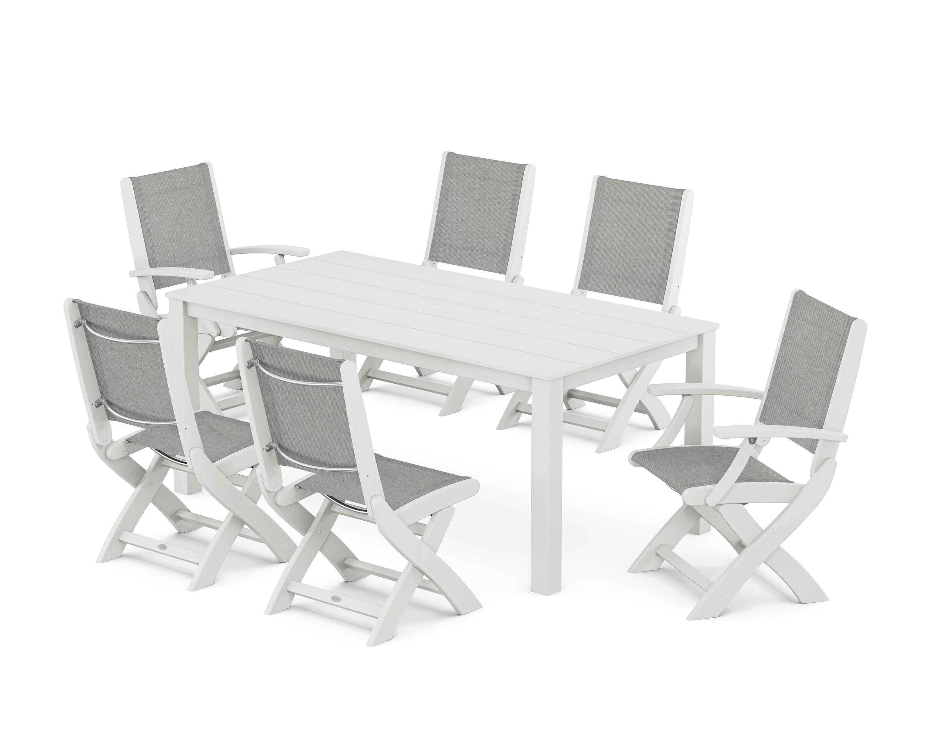 Coastal Folding Chair 7-Piece Parsons Dining Set in White / Metallic Sling